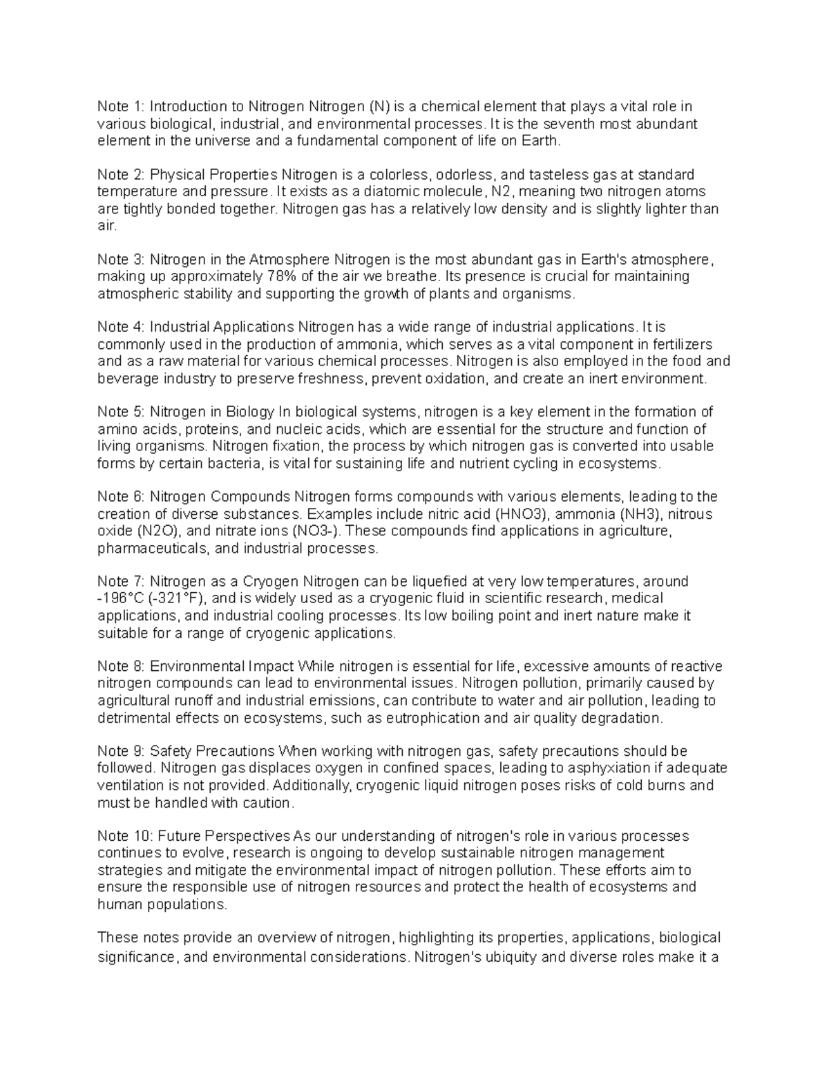 Note 1 Introduction to Nitrogen Nitrogen (N) is a chemical element that