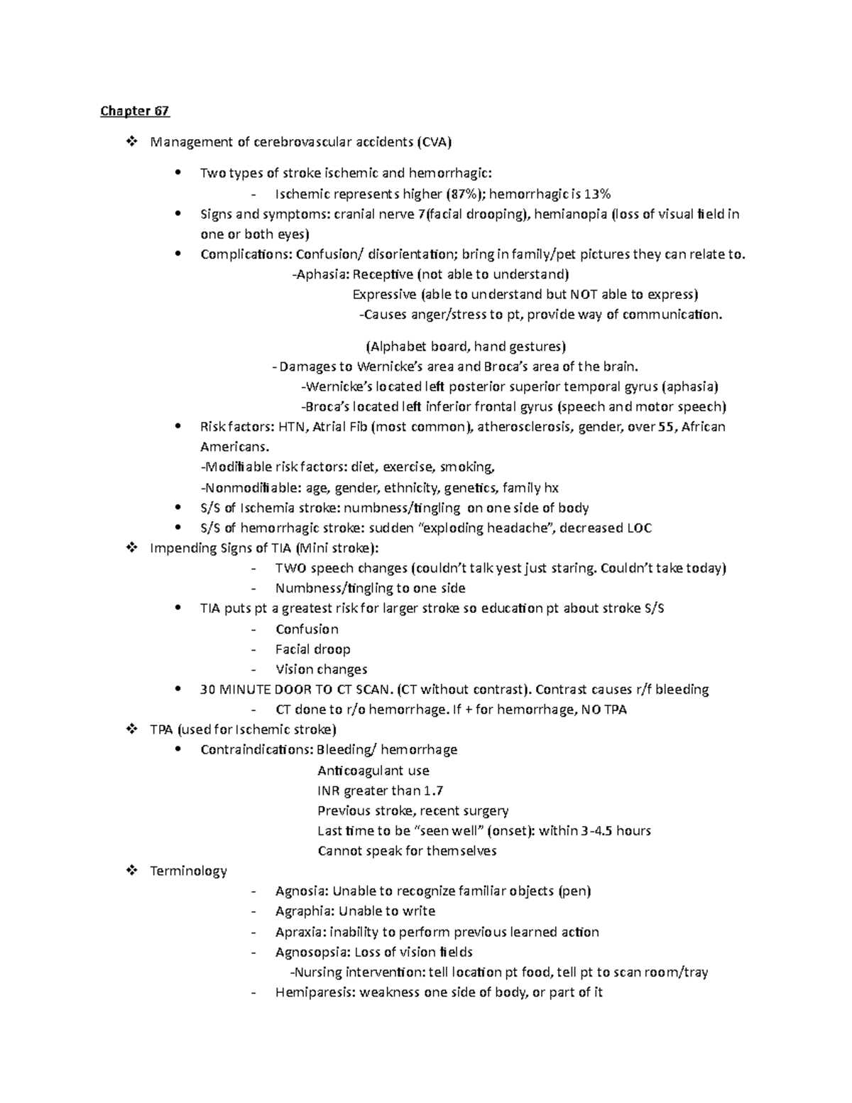 AAH Final Review notes - Chapter 67 Management of cerebrovascular ...