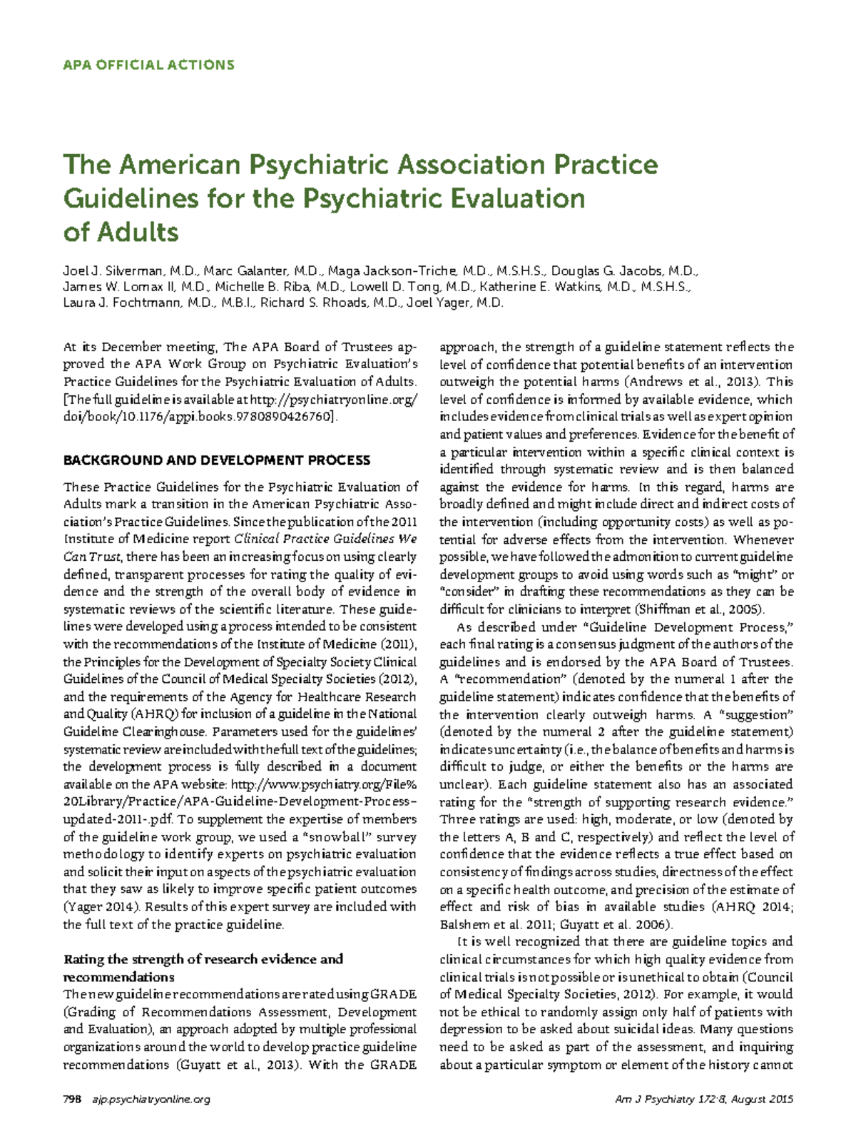 APA Official Actions Psychiatric Evaluation Guidelines for Adults