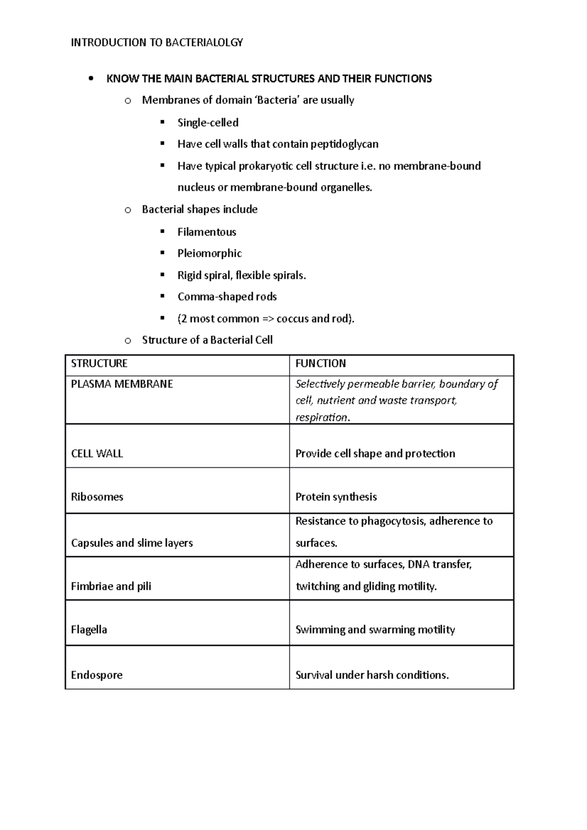 MICR2209 Lecture 2 (notes) - KNOW THE MAIN BACTERIAL STRUCTURES AND ...