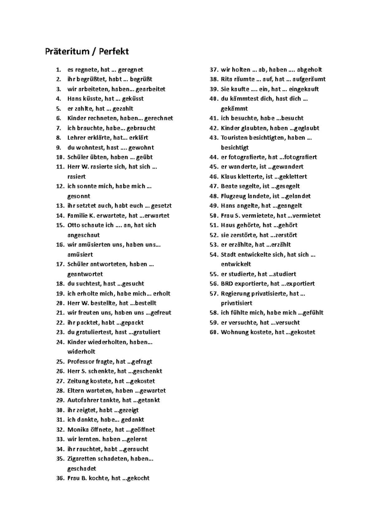 Schwache und starke Verben, Lösung - Präteritum / Perfekt es regnete