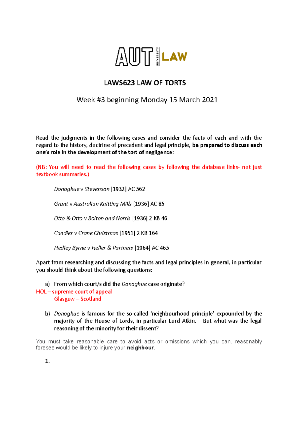 WK3 Tort tutorial 2021 - LAWS623 LAW OF TORTS Week #3 beginning Monday ...