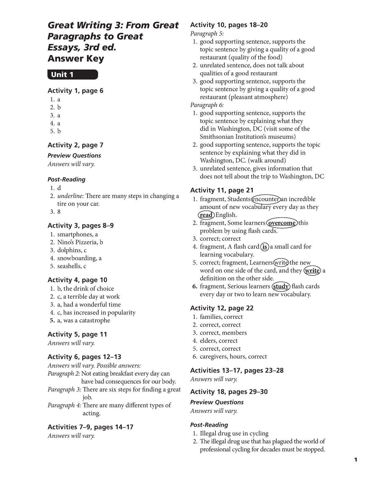 Great Writing 3 Third Ed Answer Key Book Key 1 Activity 10 Pages 18 