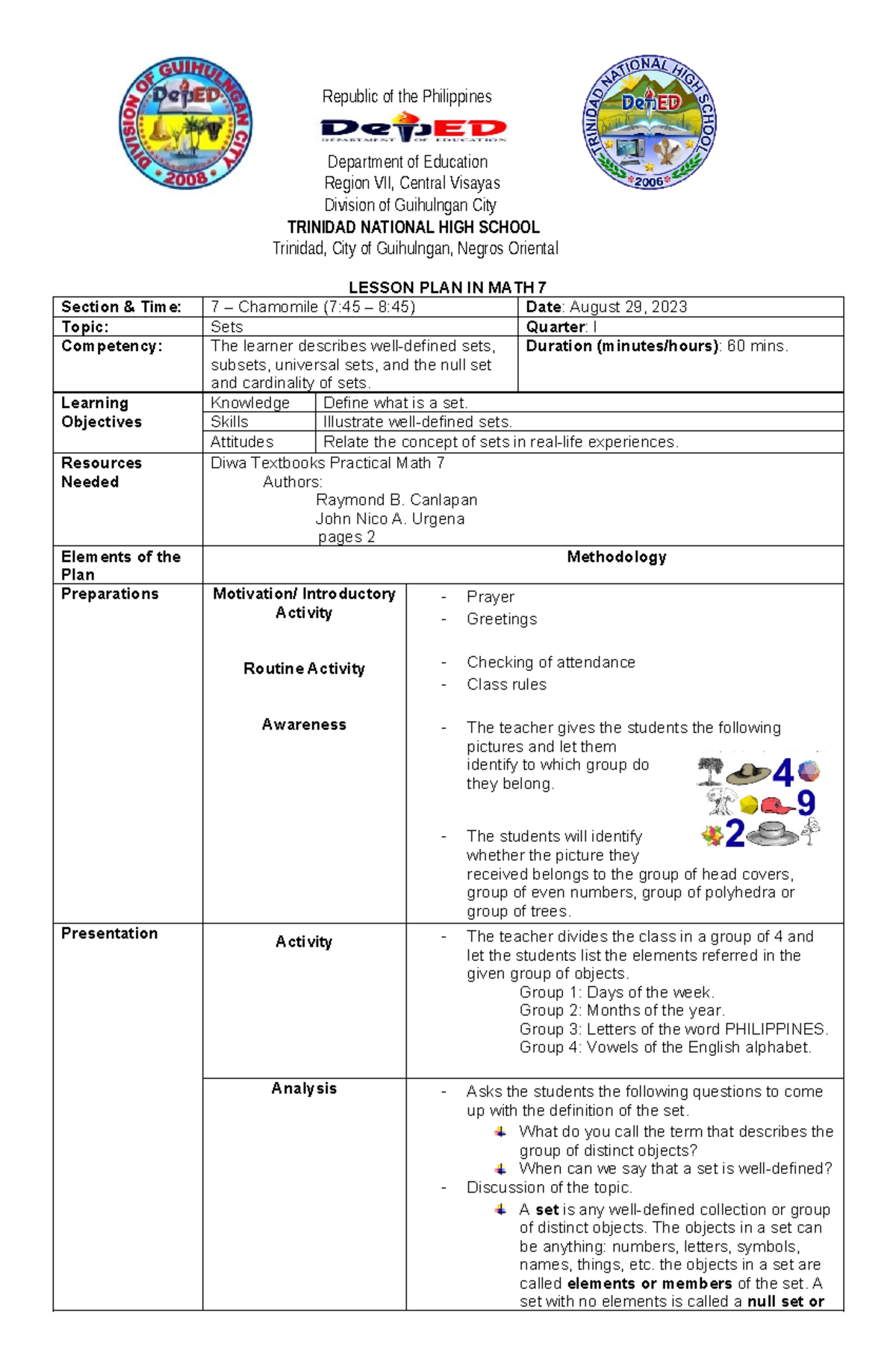 Lesson plan MATH 7 - Republic of the Philippines Department of ...