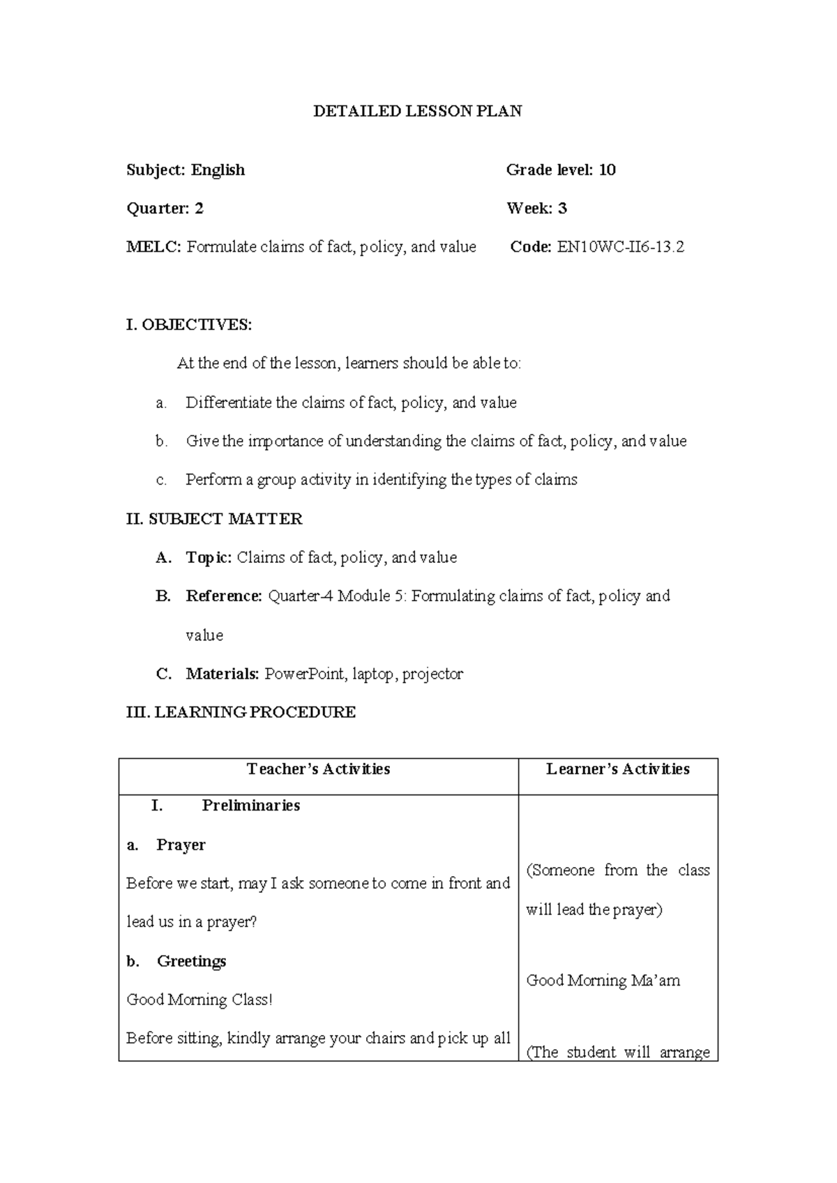 Types OF Claims - DETAILED LESSON PLAN Subject: English Grade level: 10 ...