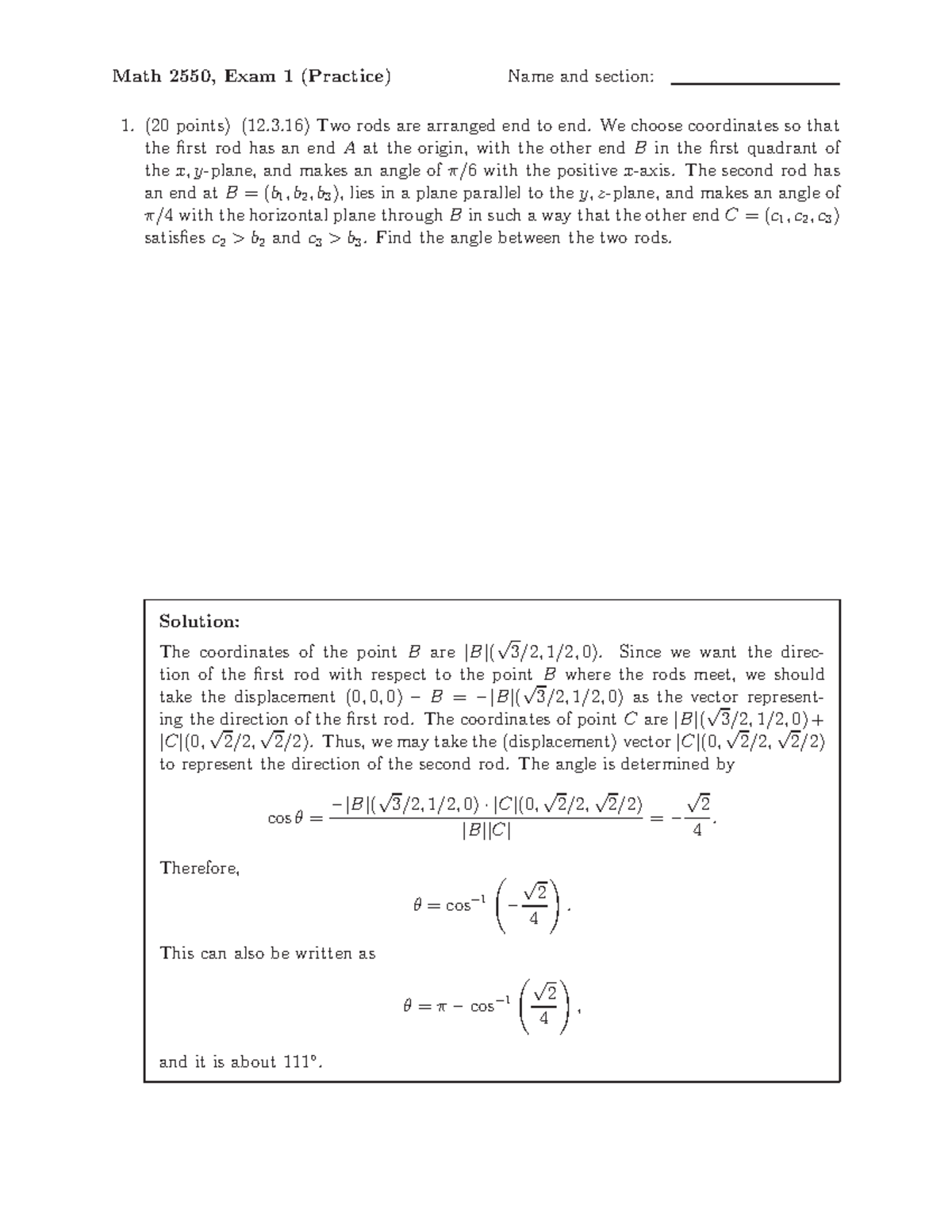 Practice 1-2019 - Math 2550, Exam 1 (Practice) Name and section: (20 ...