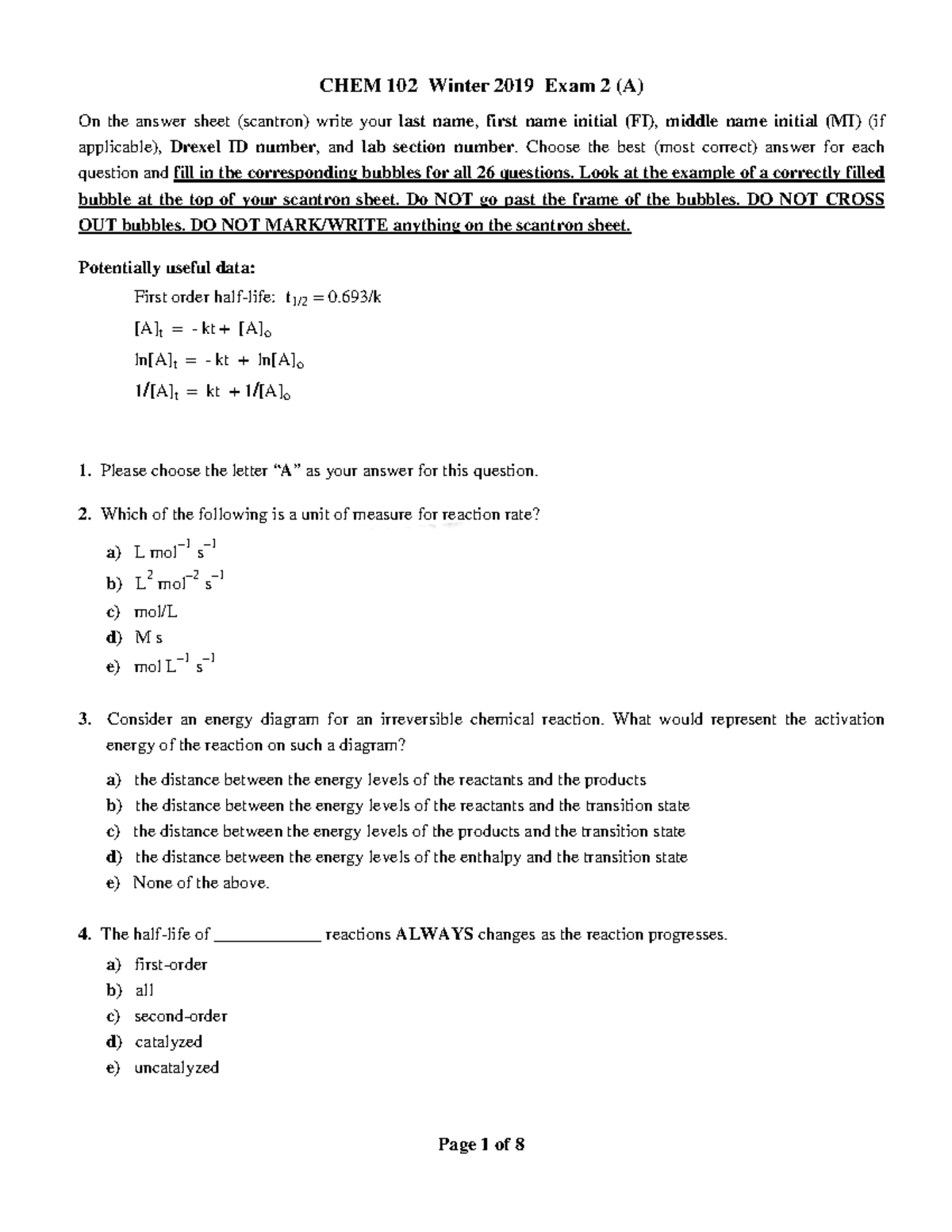 Chem 102 Practice Exam Chem 102 Winter 2019 Exam 2 A On The Answer Sheet Scantron Write 7687