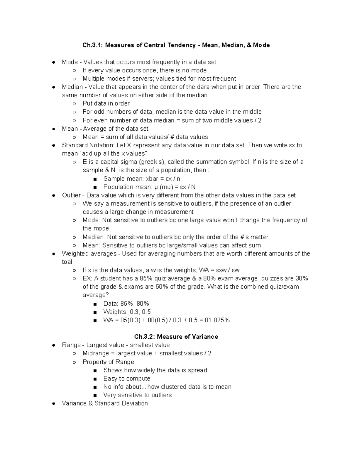 MATH Ch.3 Notes - Ch.3: Measures of Central Tendency - Mean, Median ...
