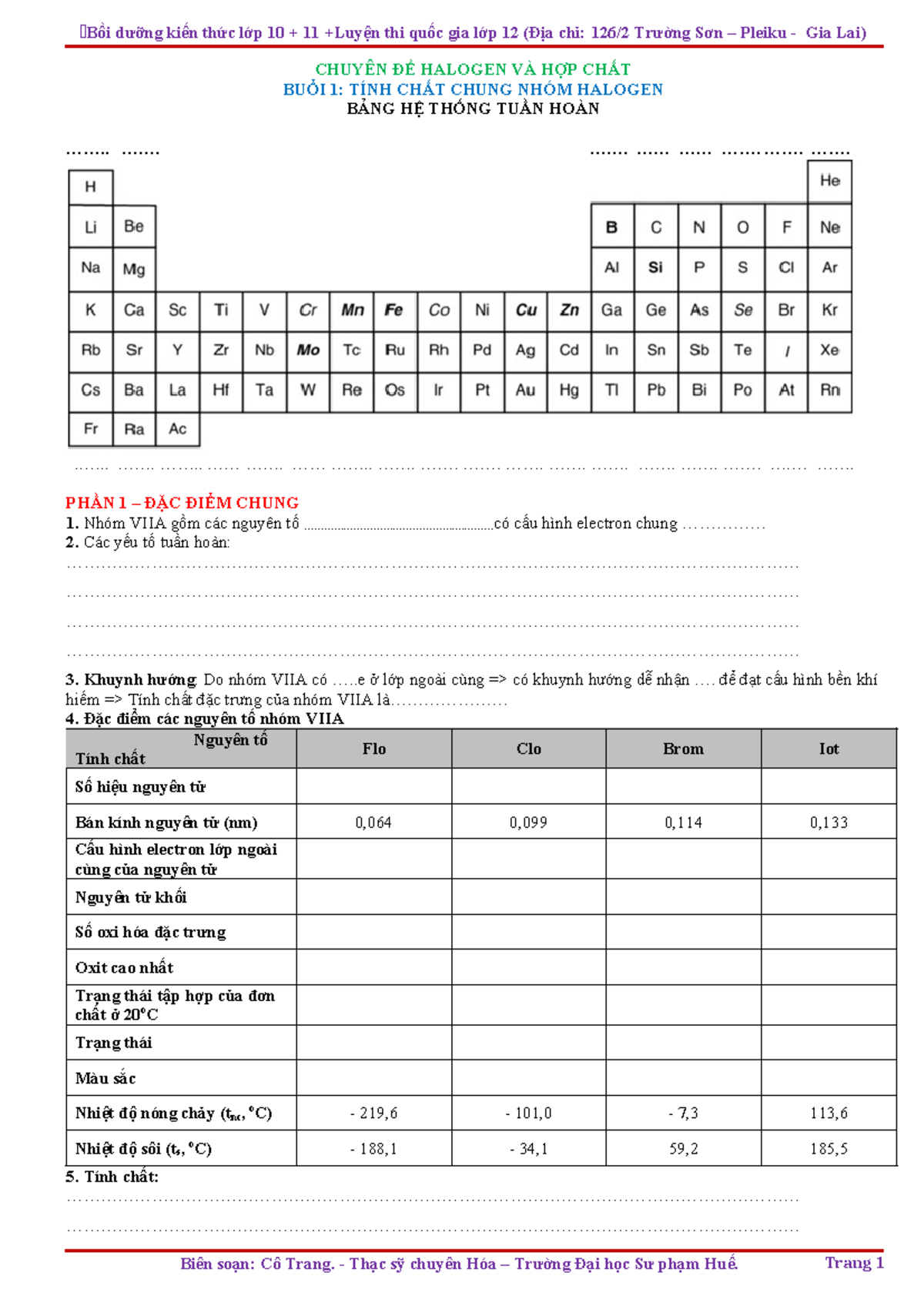 CHƯƠNG- Halogen-2021 - CHUYÊN ĐỀ HALOGEN VÀ HỢP CHẤT BUỔI 1: TÍNH CHẤT ...