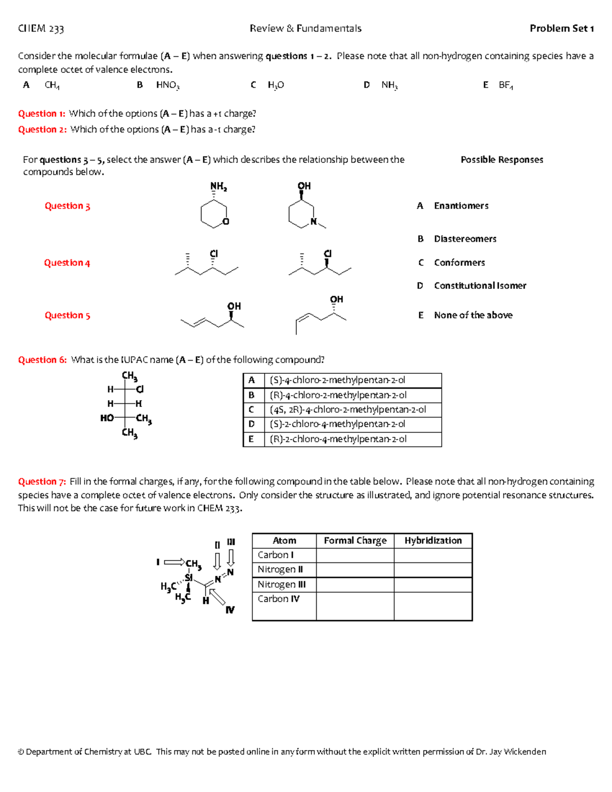 Problem Set 1 2020 PS - Consider the molecular formulae (A – E) when ...