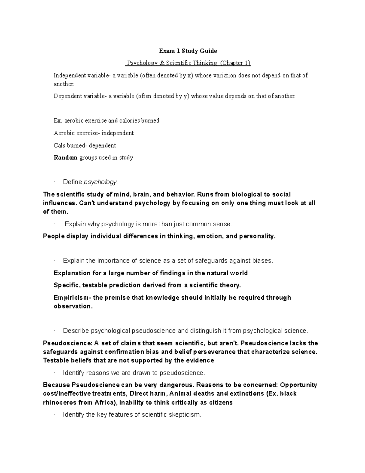 Study Guide Psych - Exam 1 Study Guide Psychology & Scientific Thinking ...