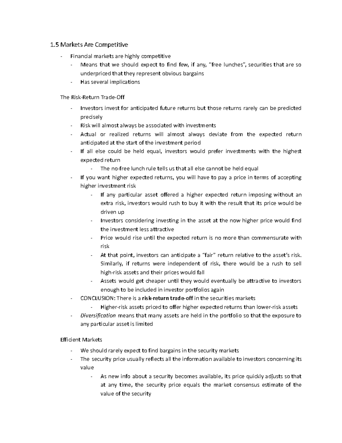 Chapter 1.5 BKM Notes - 1 Markets Are Competitive Financial markets are ...