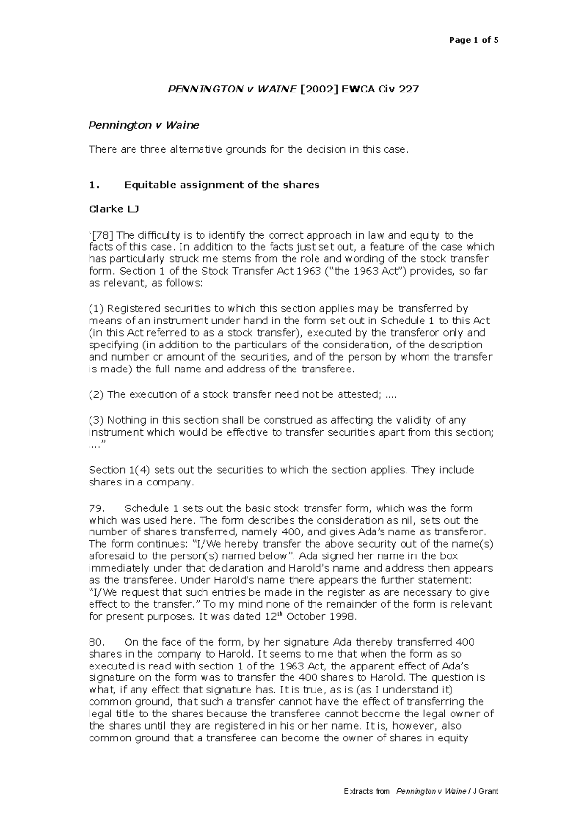 Pennington v Waine Extracts from the judgment PENNINGTON v WAINE