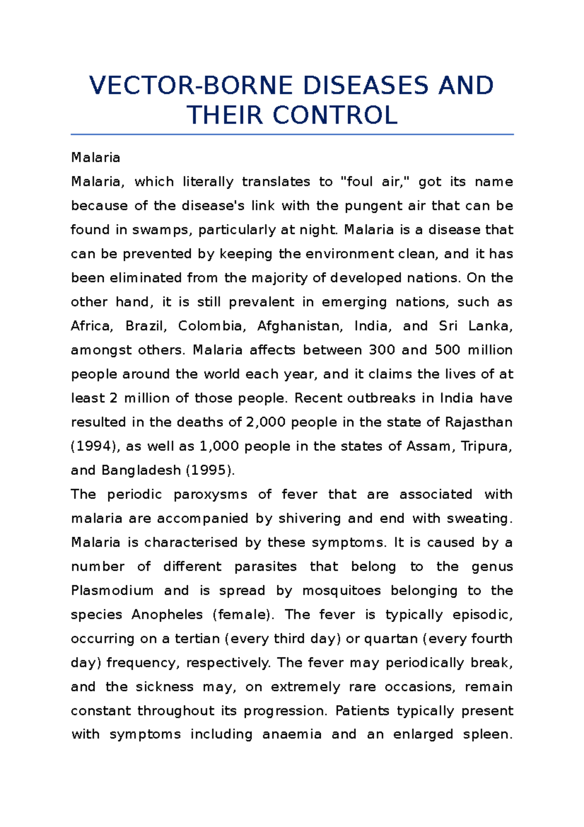 essay on vector borne diseases