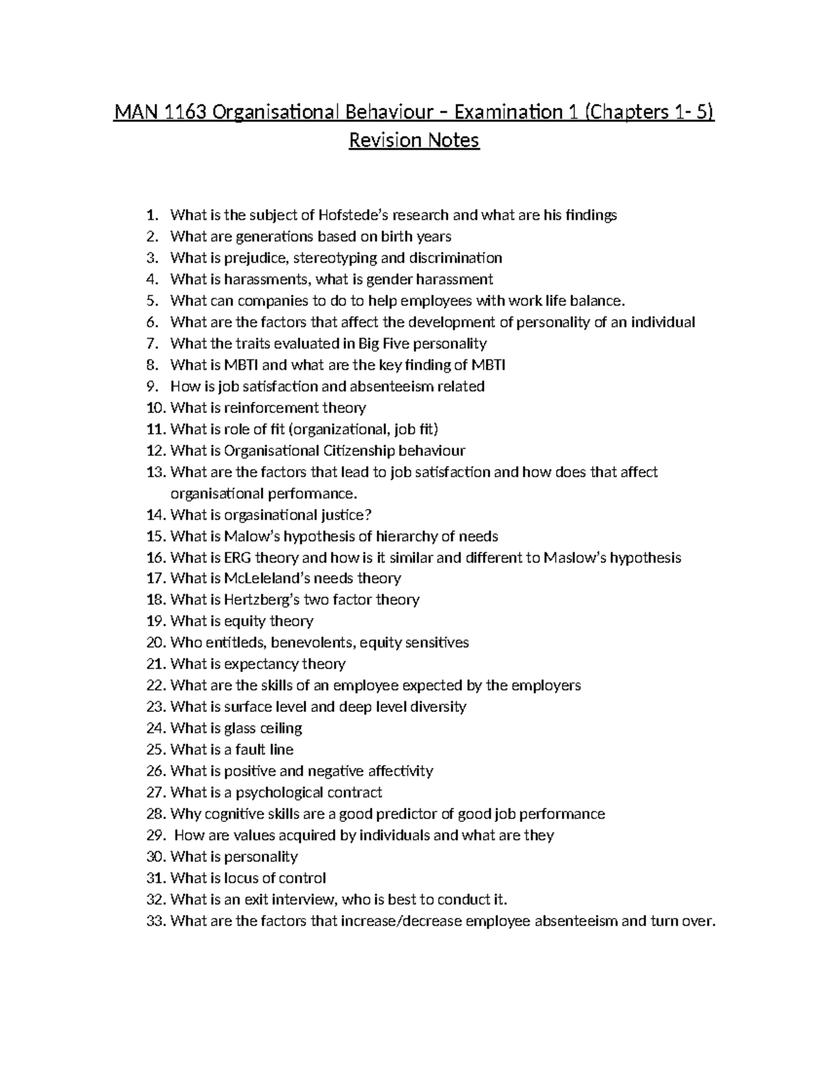 Revision Notes Examination 1 - MAN 1163 Organisational Behaviour ...