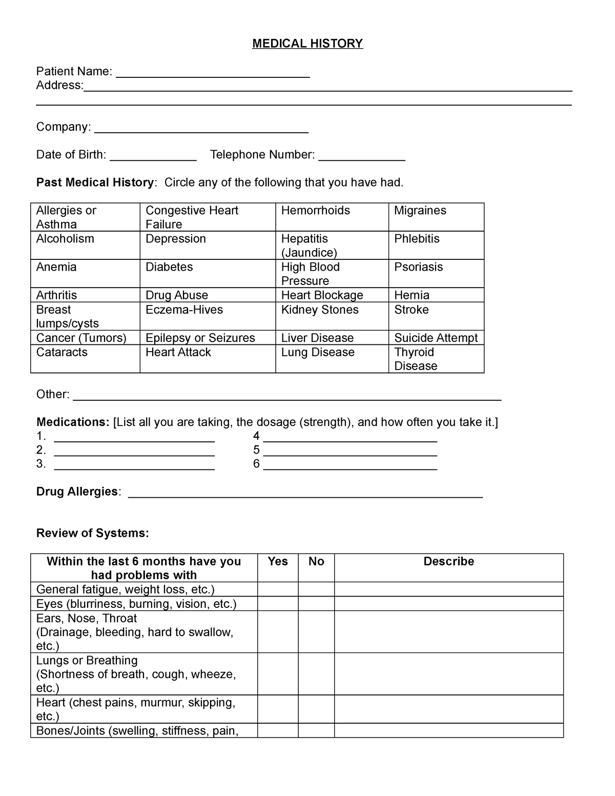 Medical History Form Medical History Patient Name