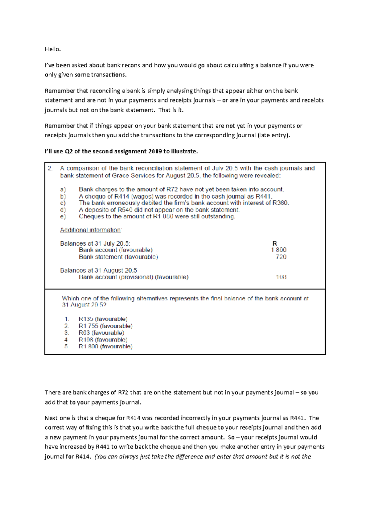 FAC1503 Bank recons and calculating balances - Hello. I’ve been asked ...