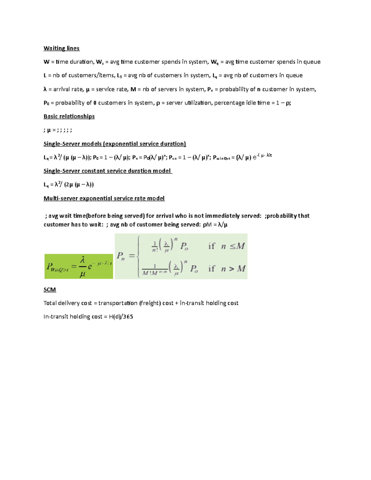Comm 225 formulas, - Waiting lines W = time duration, Ws = avg time ...