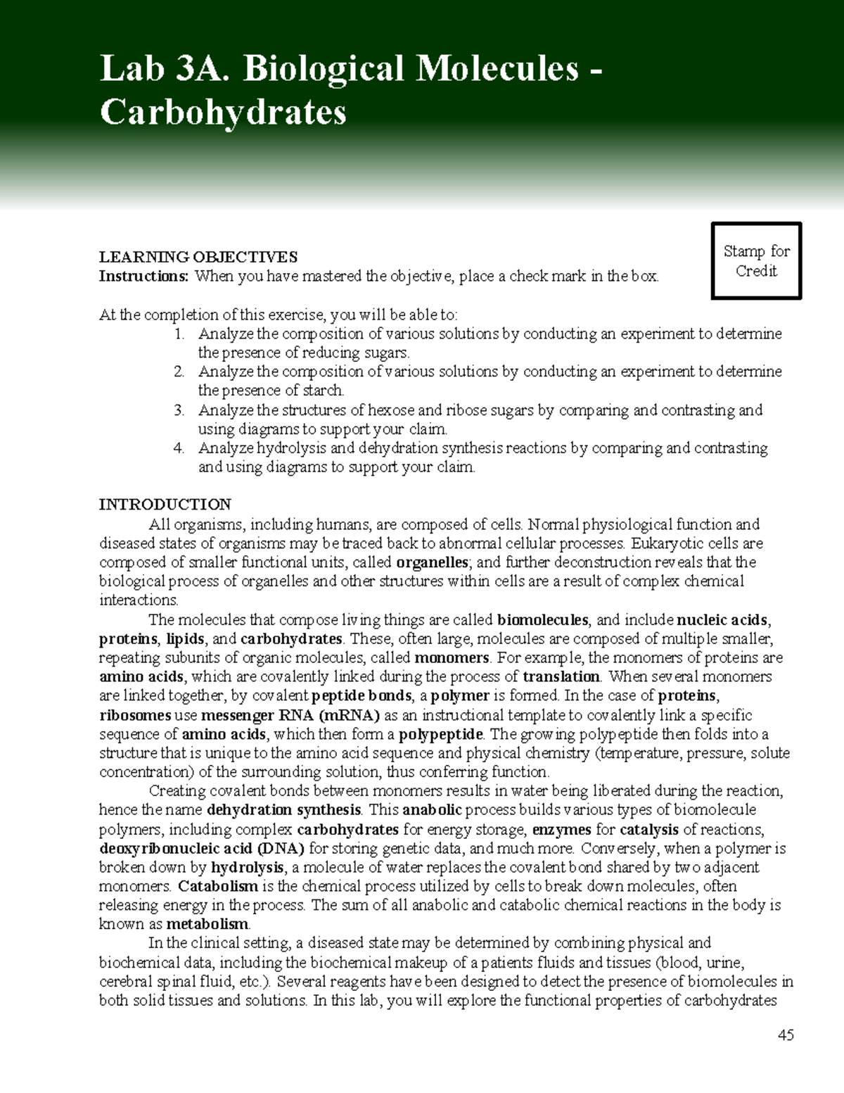 Lab ex. 3A-B - Lab 3a - Lab 3A. Biological Molecules - Carbohydrates ...