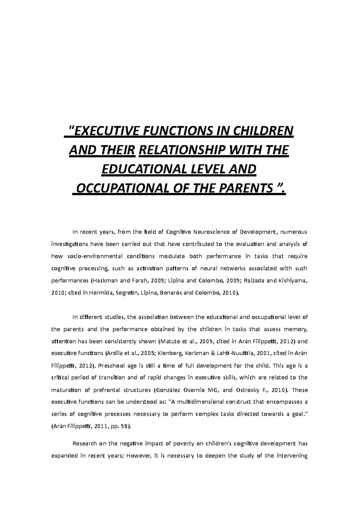 Executive Functions IN Childhood - "EXECUTIVE FUNCTIONS IN CHILDREN AND ...