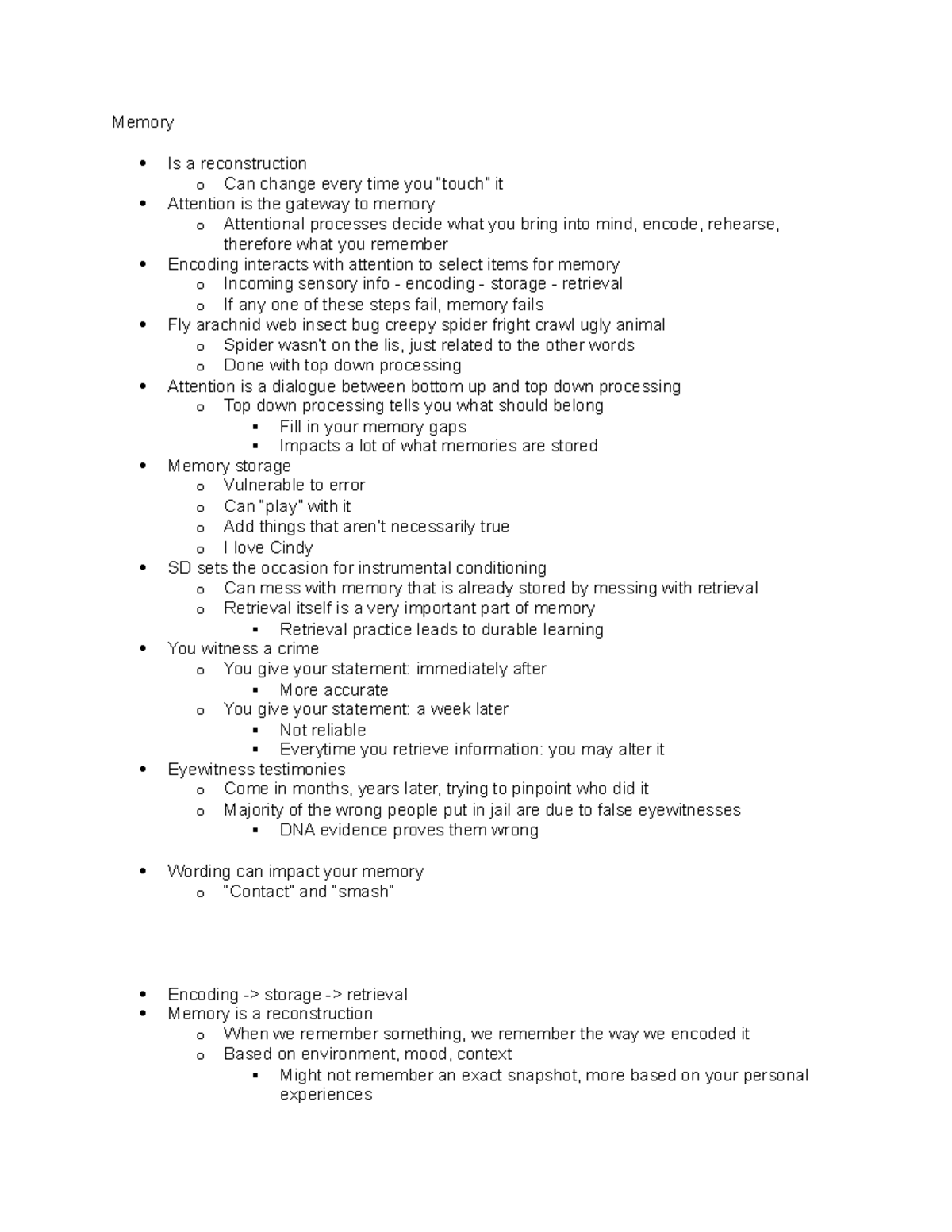Memory Lecture Notes - Memory Is a reconstruction o Can change every ...