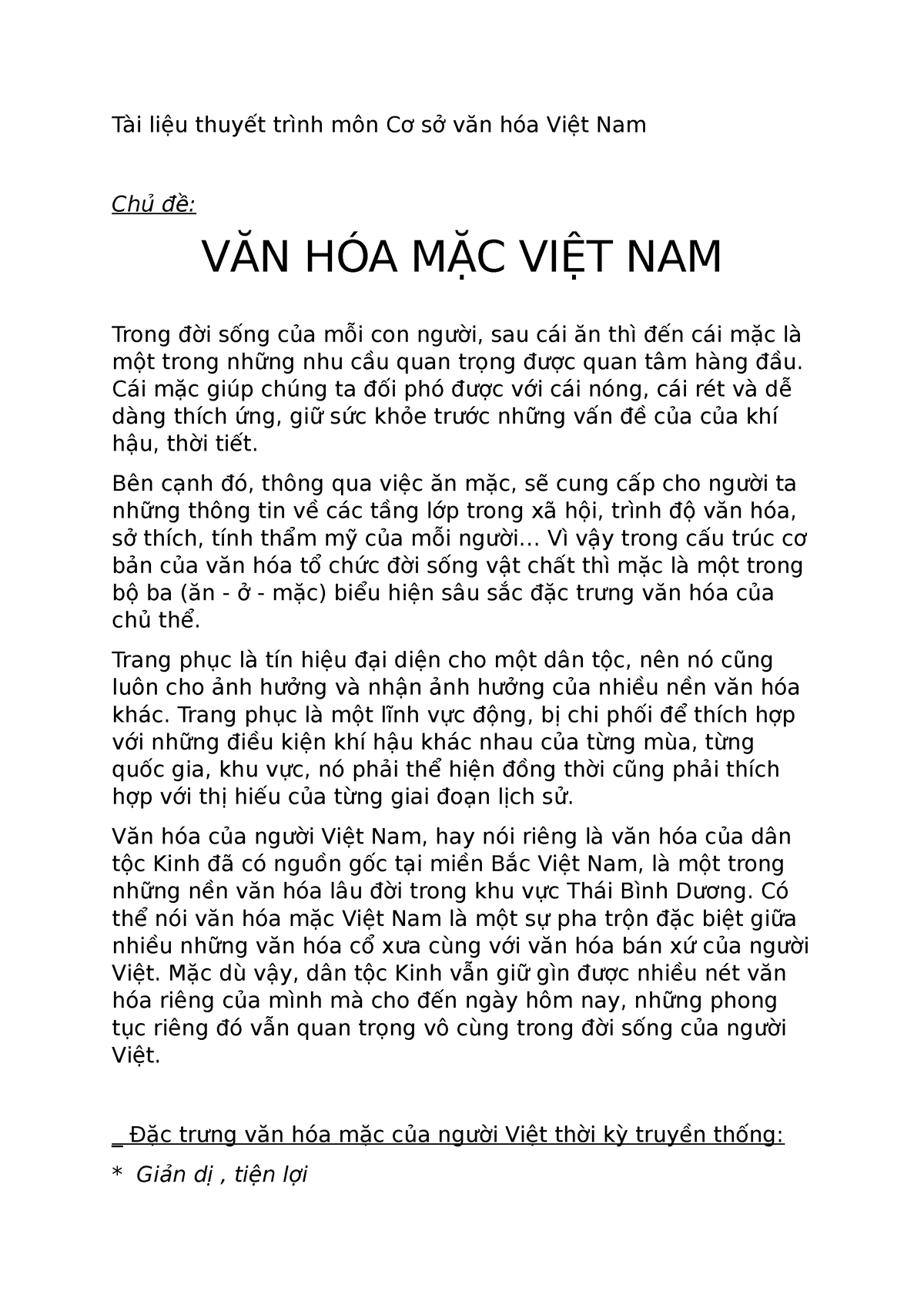 Văn hóa mặc Việt Nam - Cơ sở Văn hóa Việt Nam - Tài liệu thuyết trình môn Cơ sở văn hóa Việt Nam Chủ - Studocu