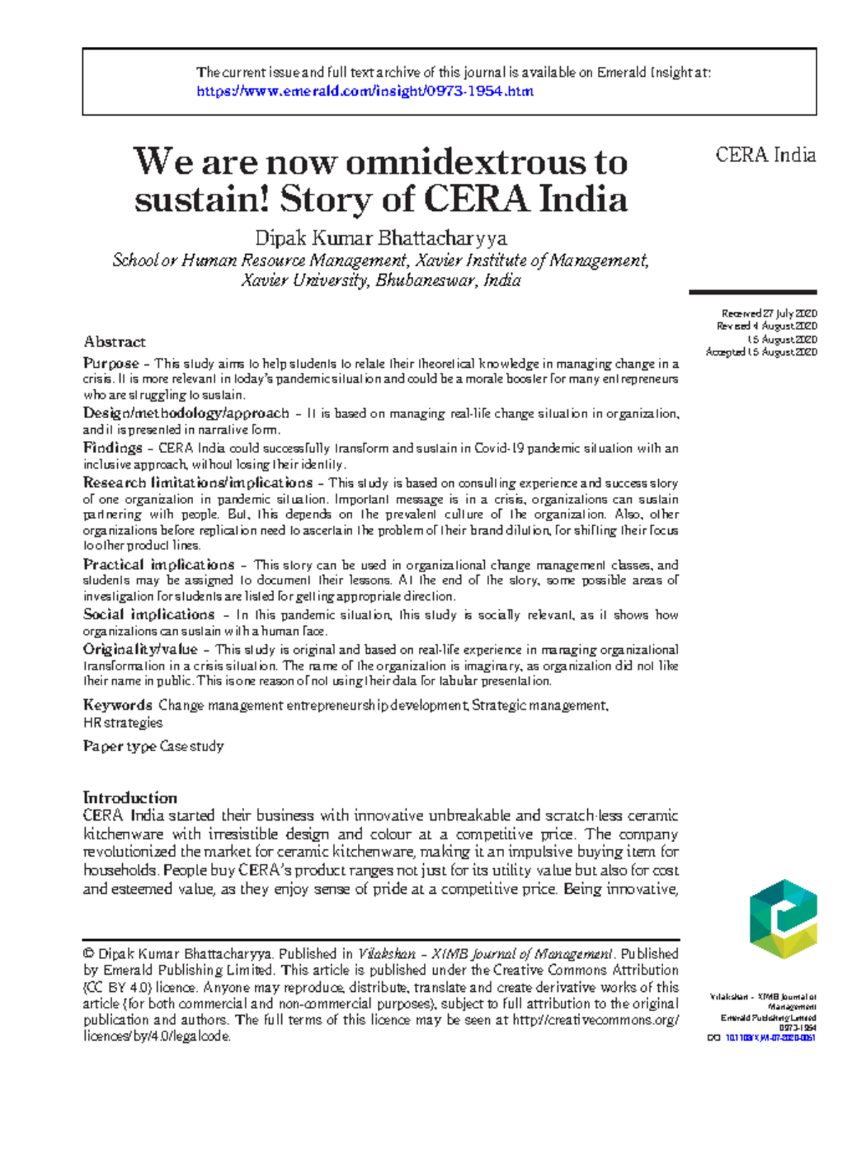 CERA India Case Study-8 - We are now omnidextrous to sustain! Story of ...
