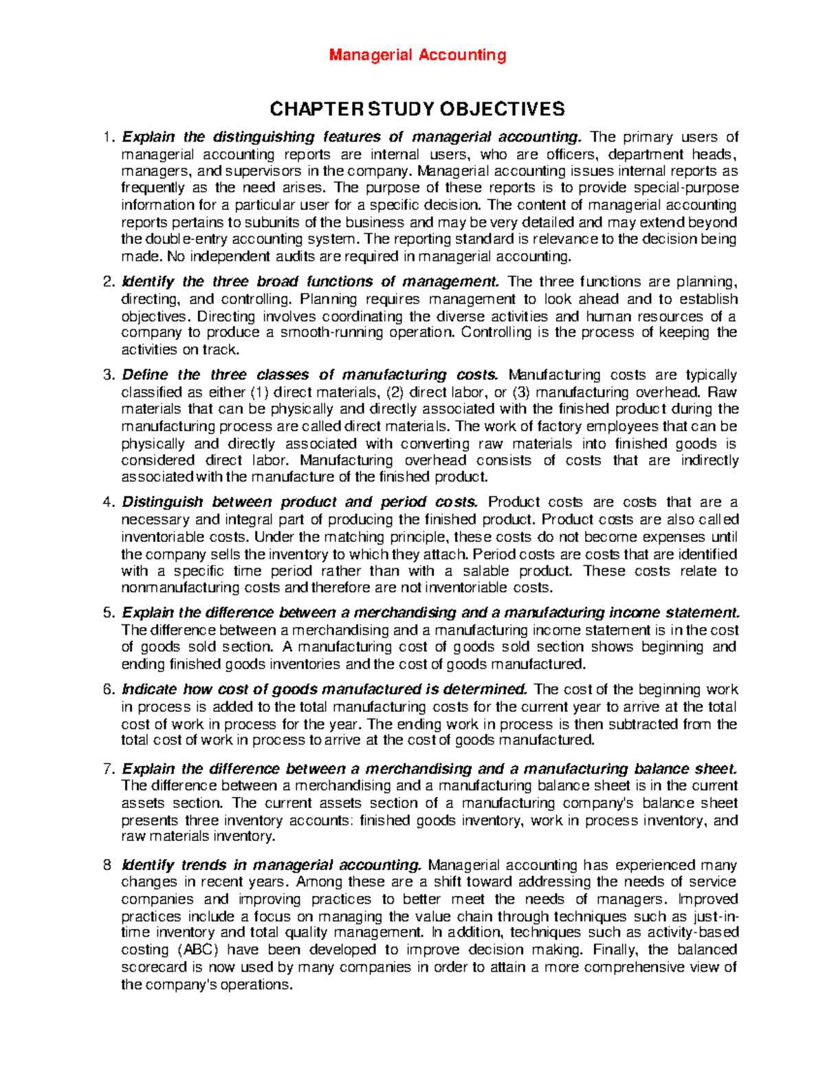 CHAP-1-MA - exercises for chap 1 - Managerial Accounting CHAPTER STUDY ...
