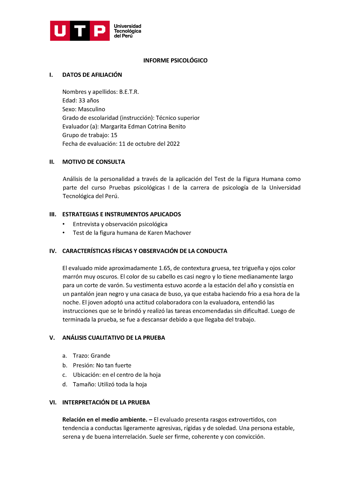 Informe II Margarita - Yto - INFORME PSICOL”GICO I. DATOS DE AFILIACI”N ...