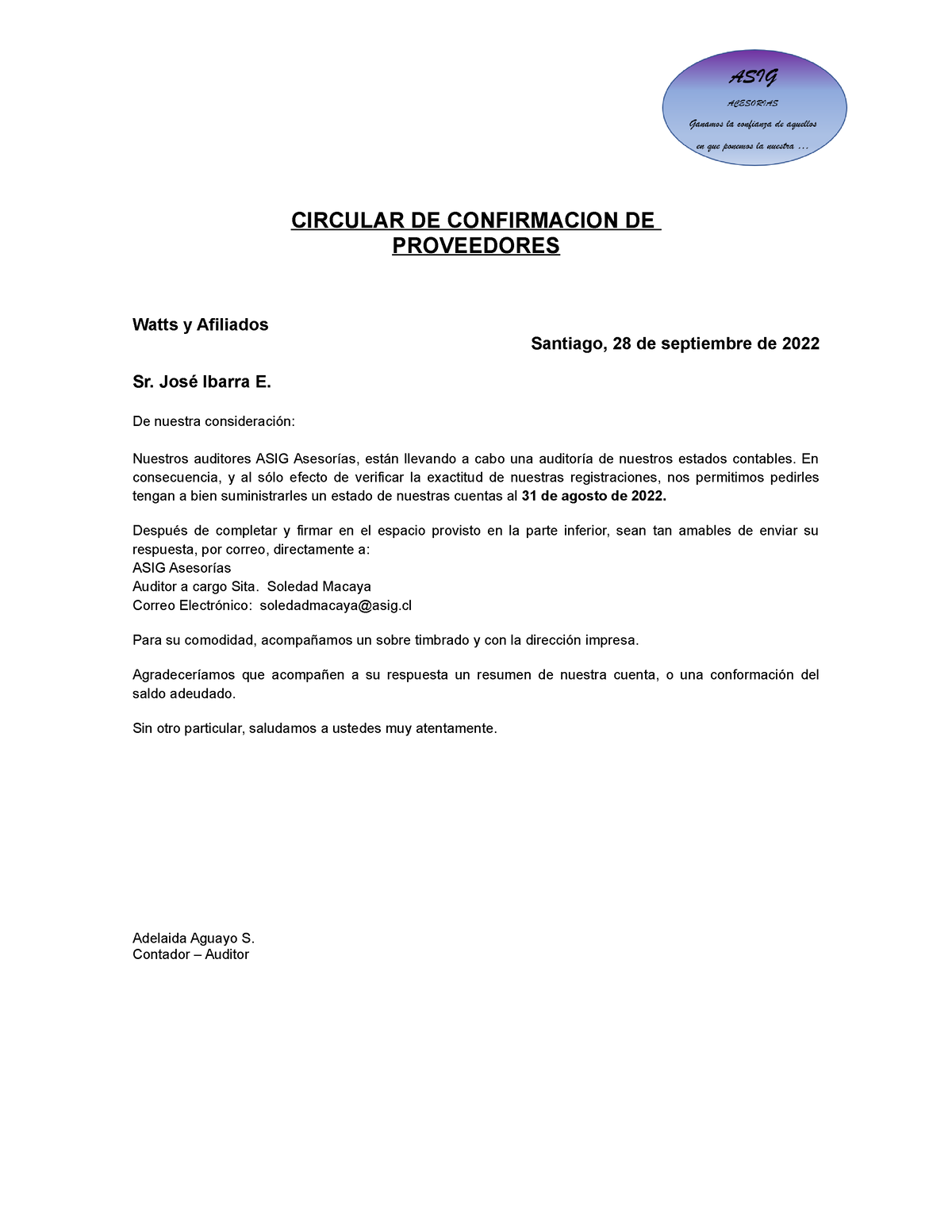 Carta-de-proveedores - CIRCULAR DE CONFIRMACION DE PROVEEDORES Watts y  Afiliados Santiago, 28 de - Studocu