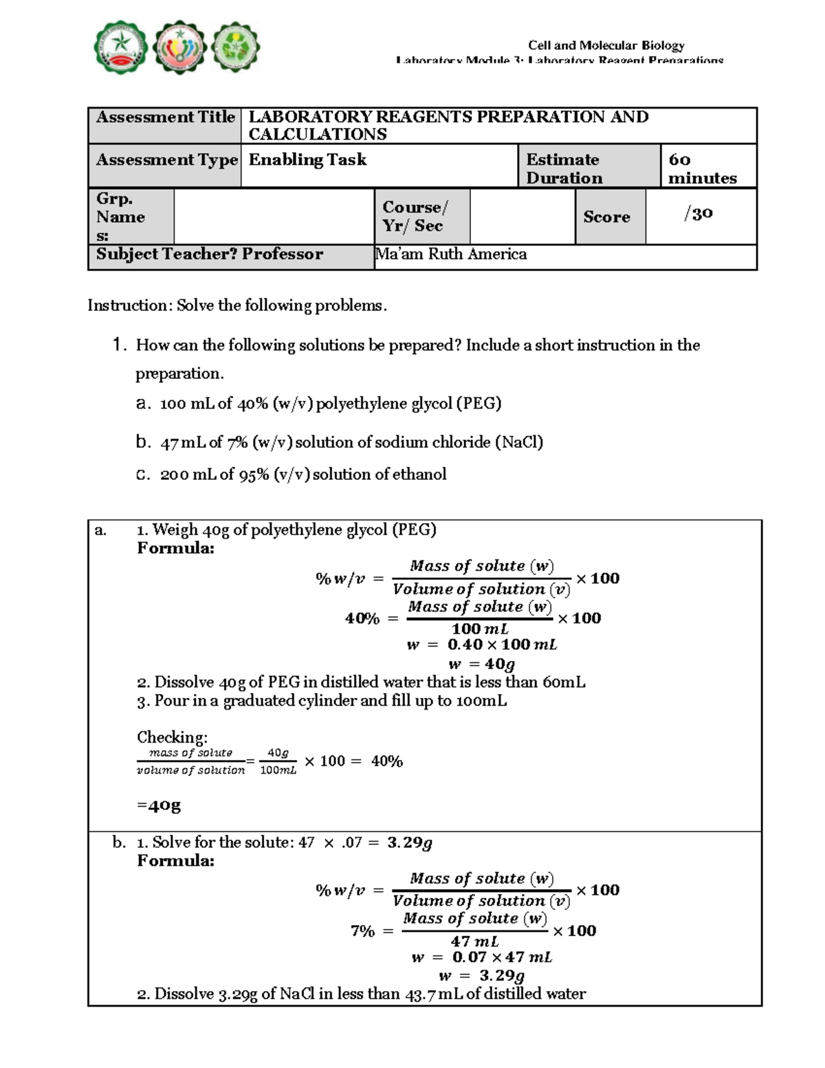 Laboratory Reagent Preparation Laboratory Worksheet Laboratory Module