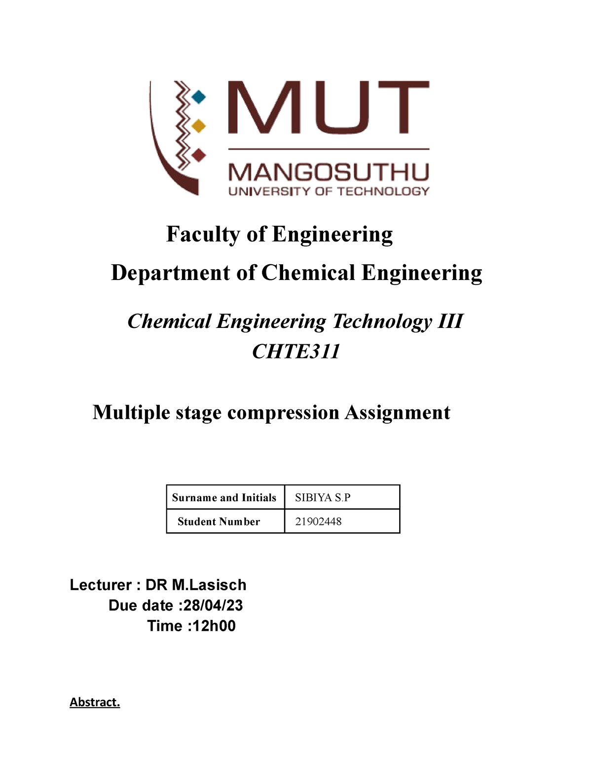 Chemtech III Module 1 Assignment - Faculty of Engineering Department of ...