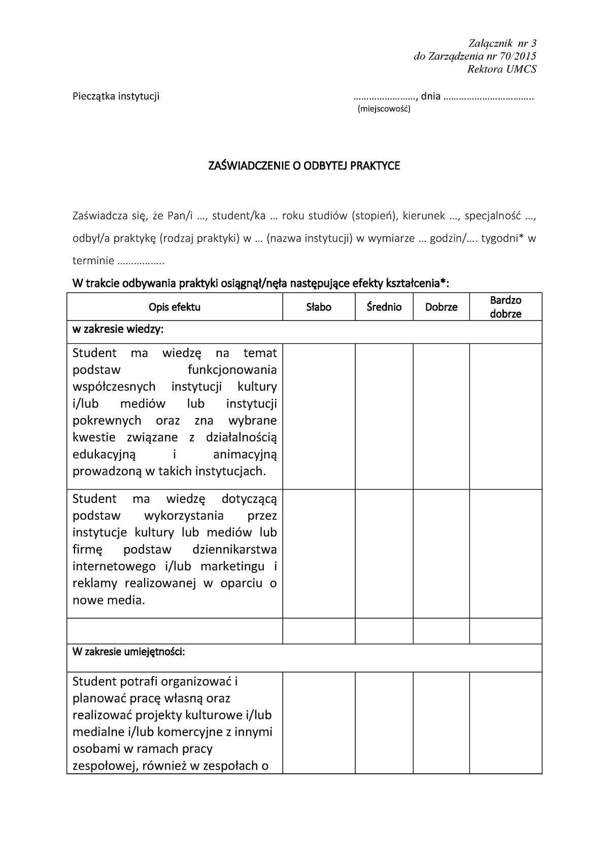 WzÓr Zaswiadczenie O Odbytej Praktyce Załącznik Nr 3 Do Zarządzenia Nr 70 Rektora Umcs 9294