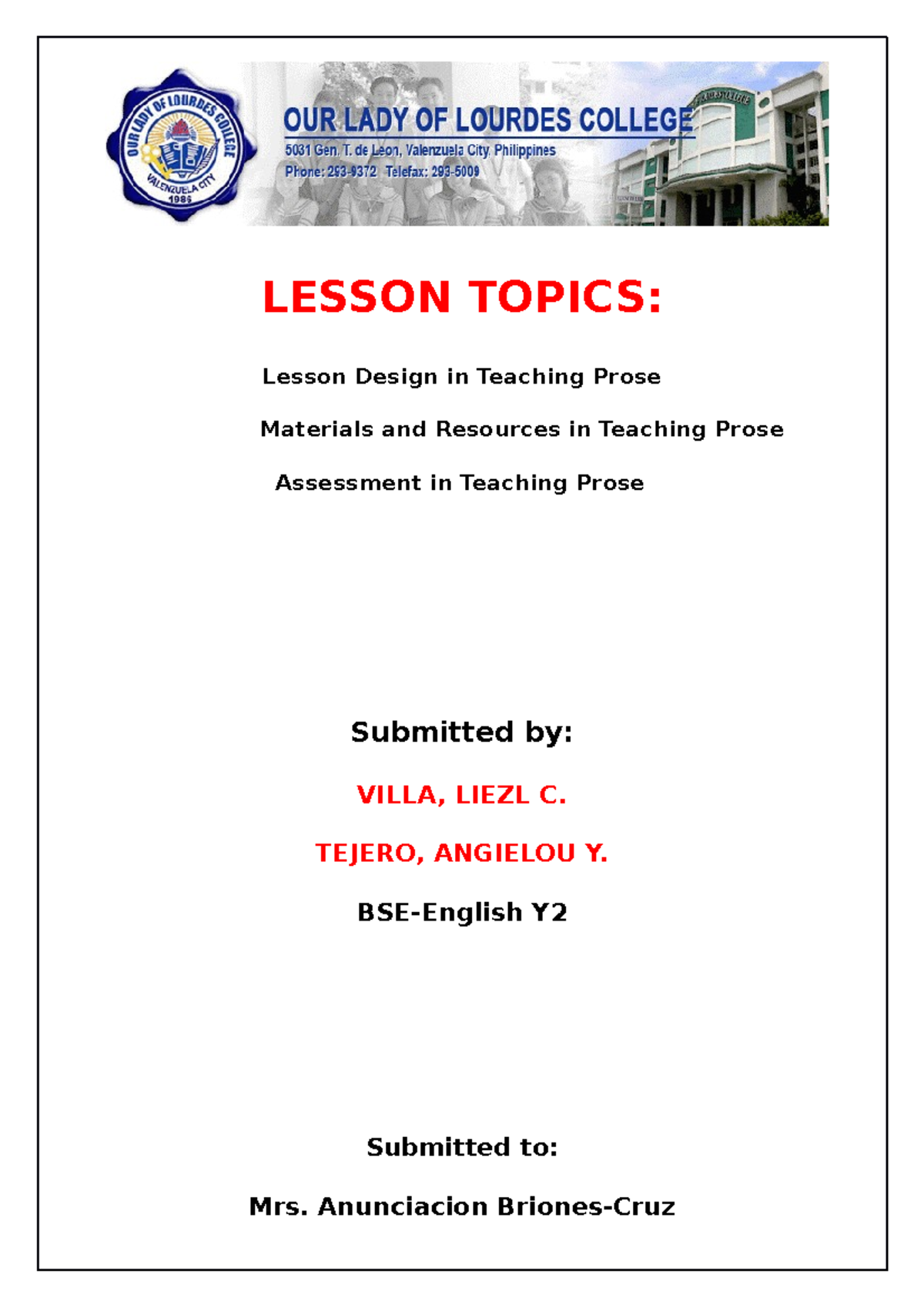 Literature Report Handout LESSON TOPICS Lesson Design in Teaching