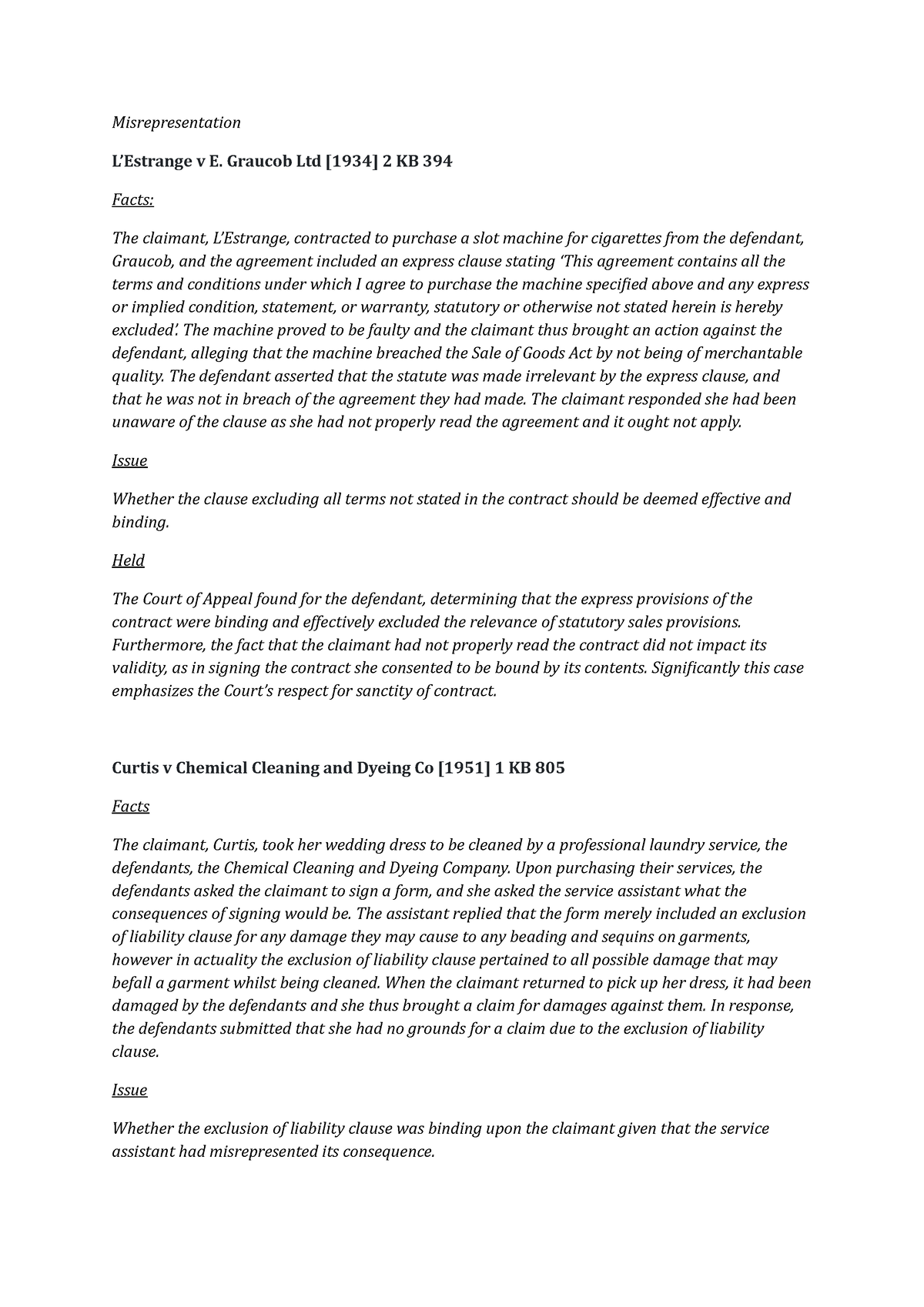 Misrepresentation cases- extra research - Contract Law - MMU - Studocu