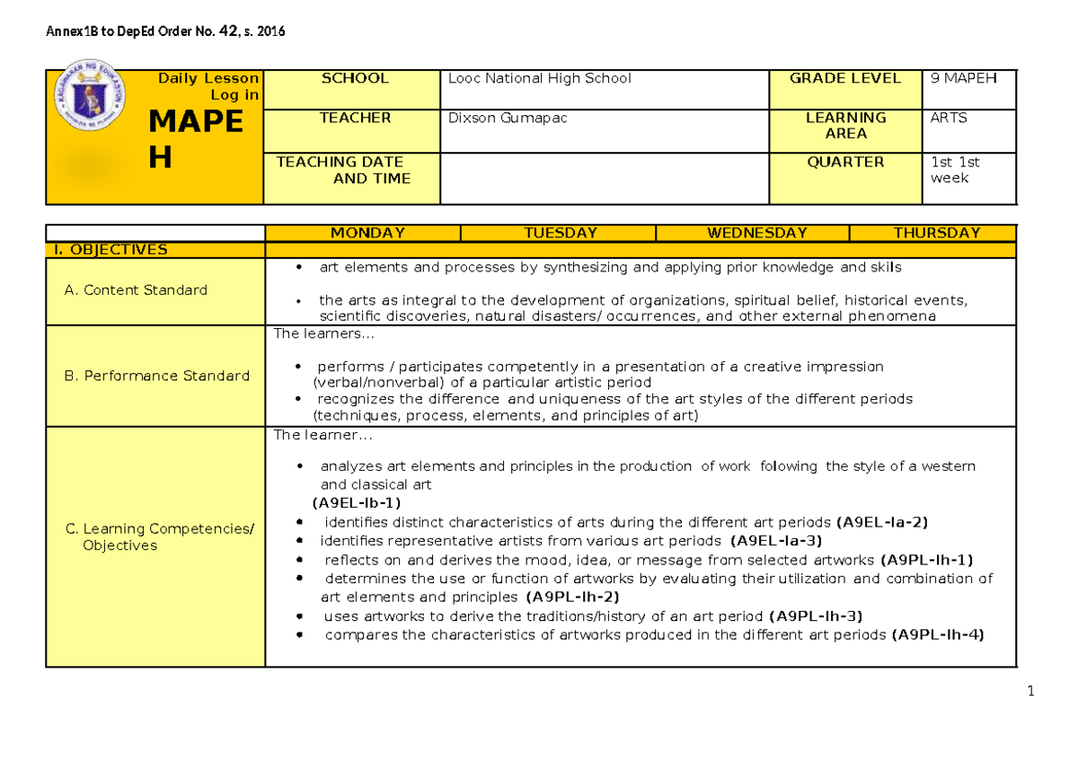 ARTS 9 DLL Q1 - Daily Lesson Log in MAPE H SCHOOL Looc National High ...