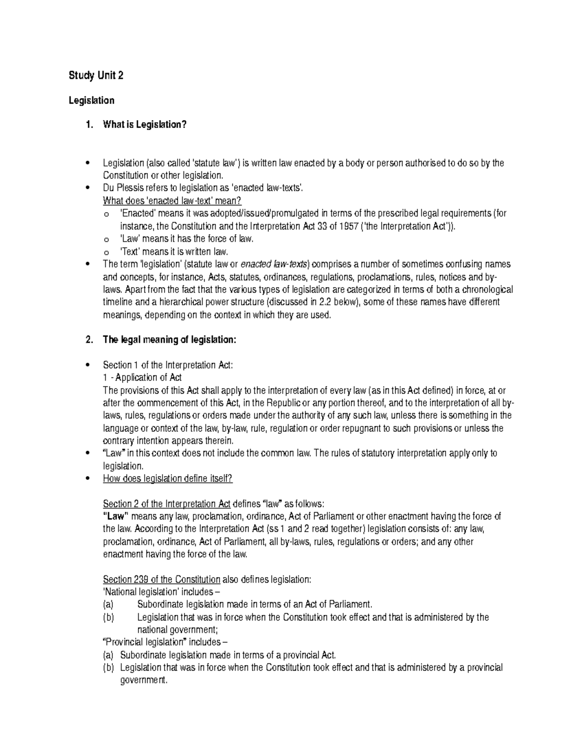 IOS 2601 INTERPRETATION OF STATUTORY LAW Study Unit 2 Legislation