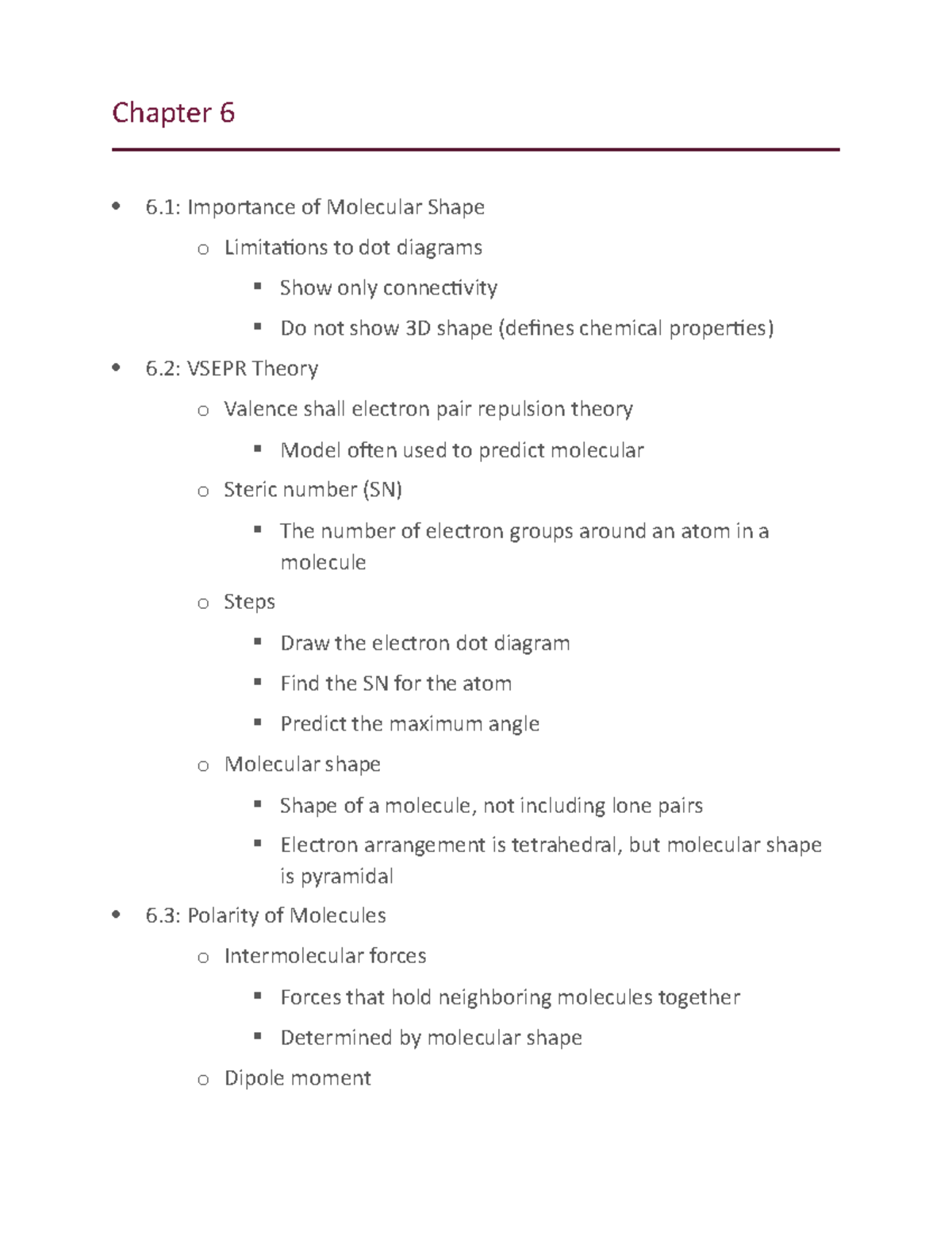 Chapter 6 Notes - Lecture - Chapter 6 6: Importance of Molecular Shape ...