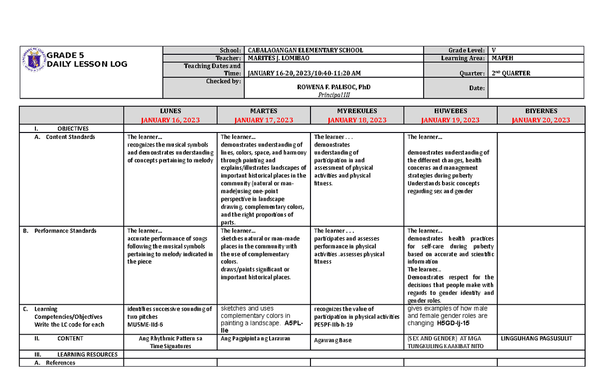 DLL Mapeh 5 Q2 W9 - LOVE - GRADE 5 DAILY LESSON LOG School ...