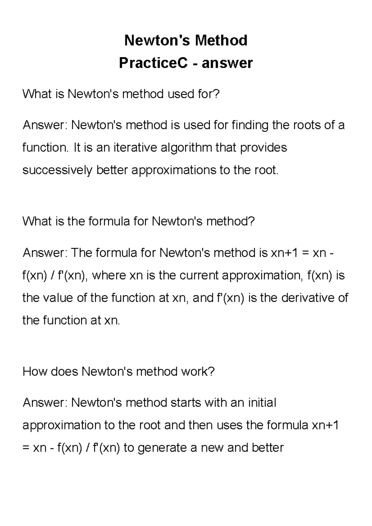 Newton's Method Practice C - answer - Newton's Method PracticeC ...