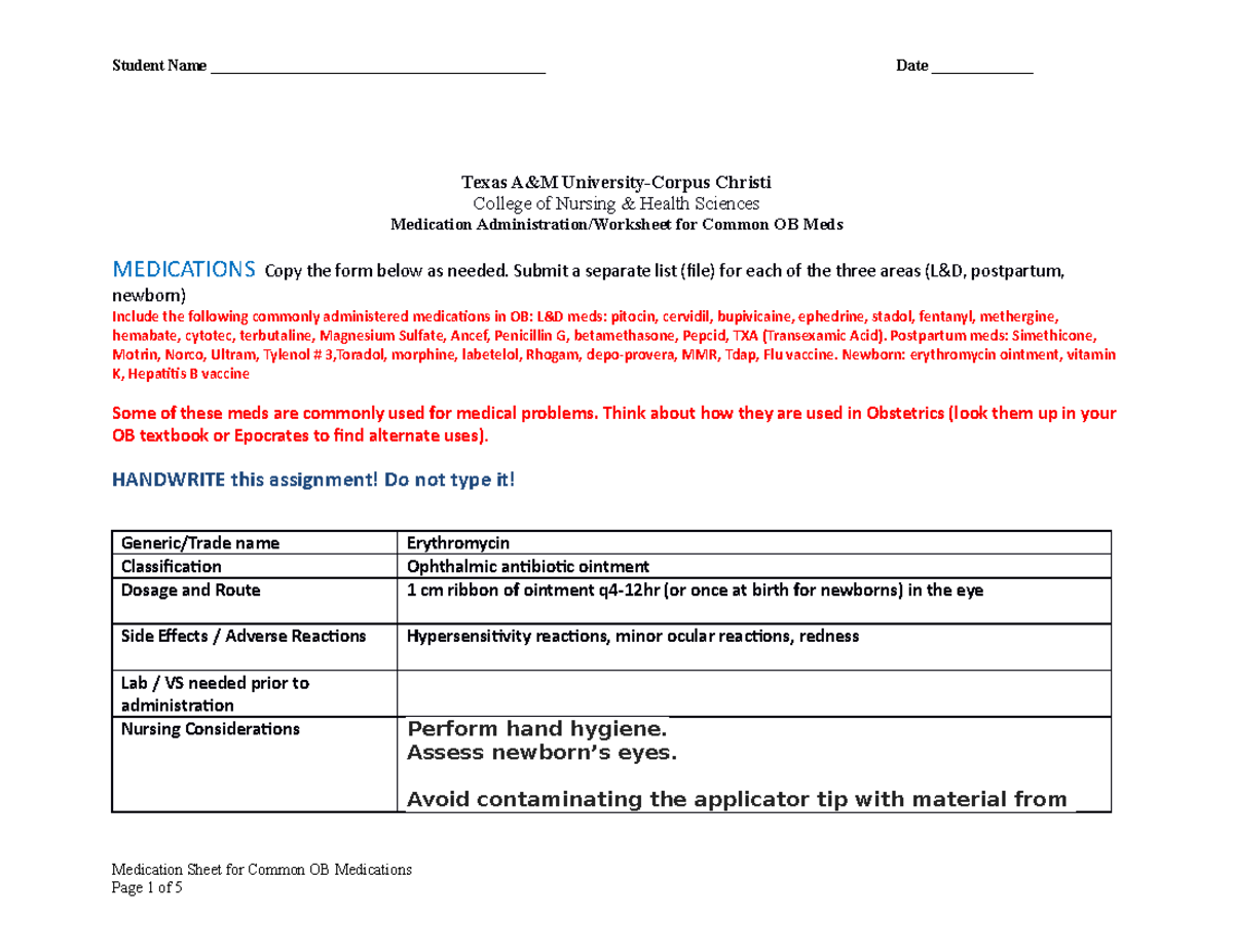 Medication Sheet for Common OB Medications 2020 - NURS 3550 - TAMUCC ...