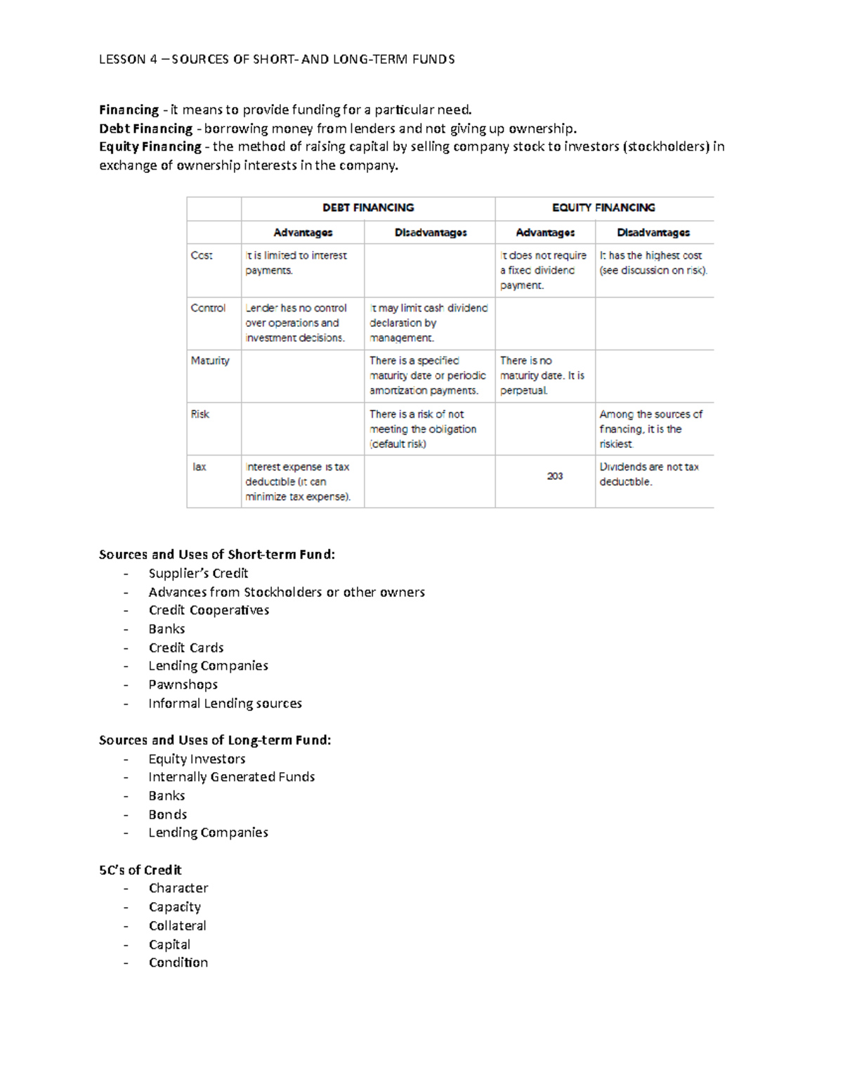 Lesson 4 Sources OF Short AND LONGTERM Funds LESSON 4 SOURCES
