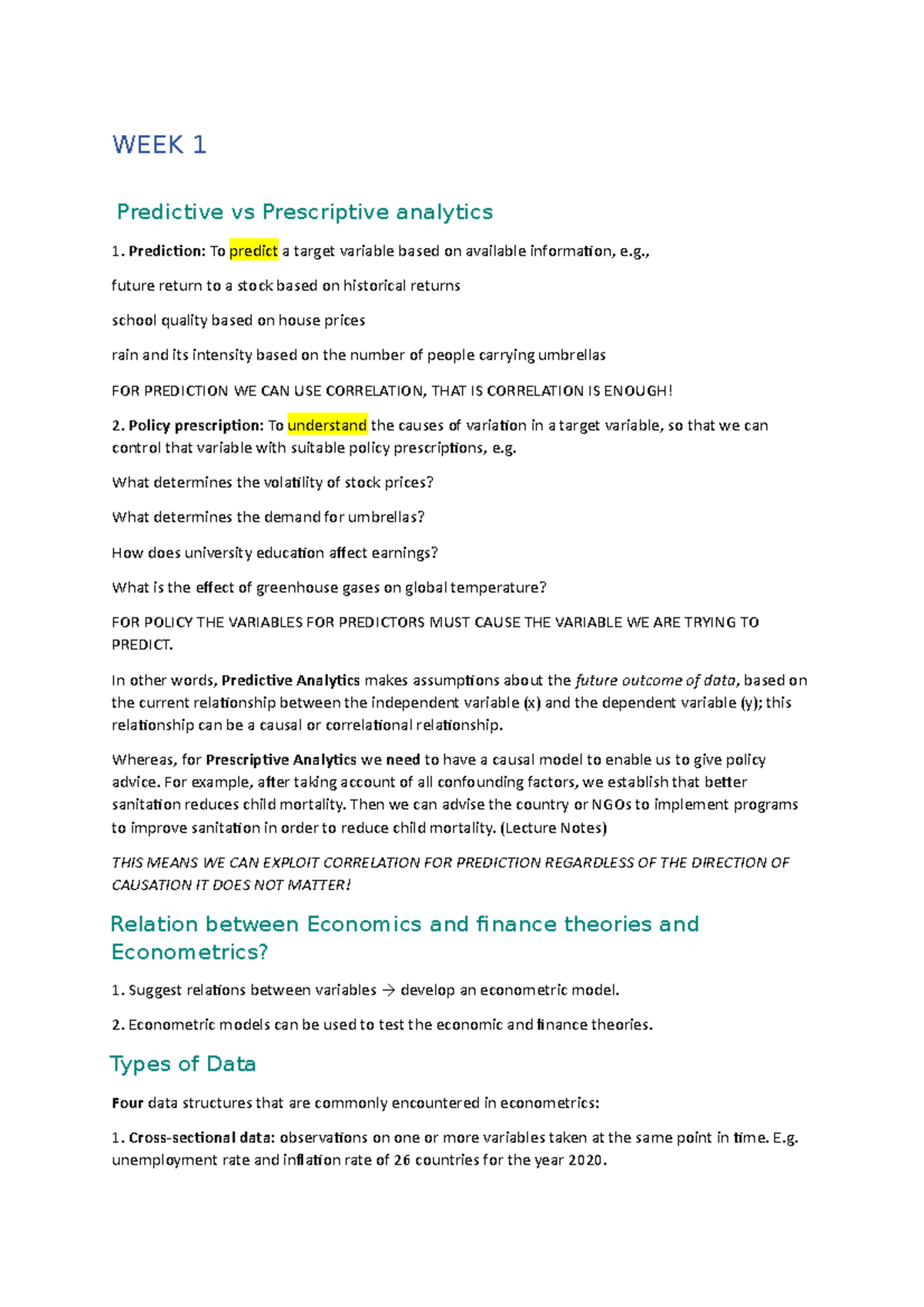 ETC exam notes - WEEK 1 Predictive vs Prescriptive analytics Prediction ...