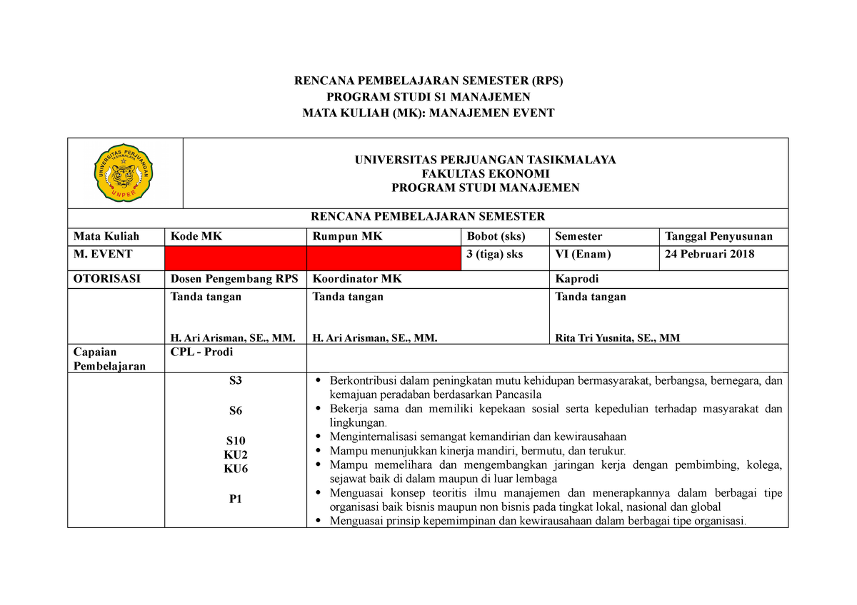 RPS KKNI M' Event 2018 - RENCANA PEMBELAJARAN SEMESTER (RPS) PROGRAM ...