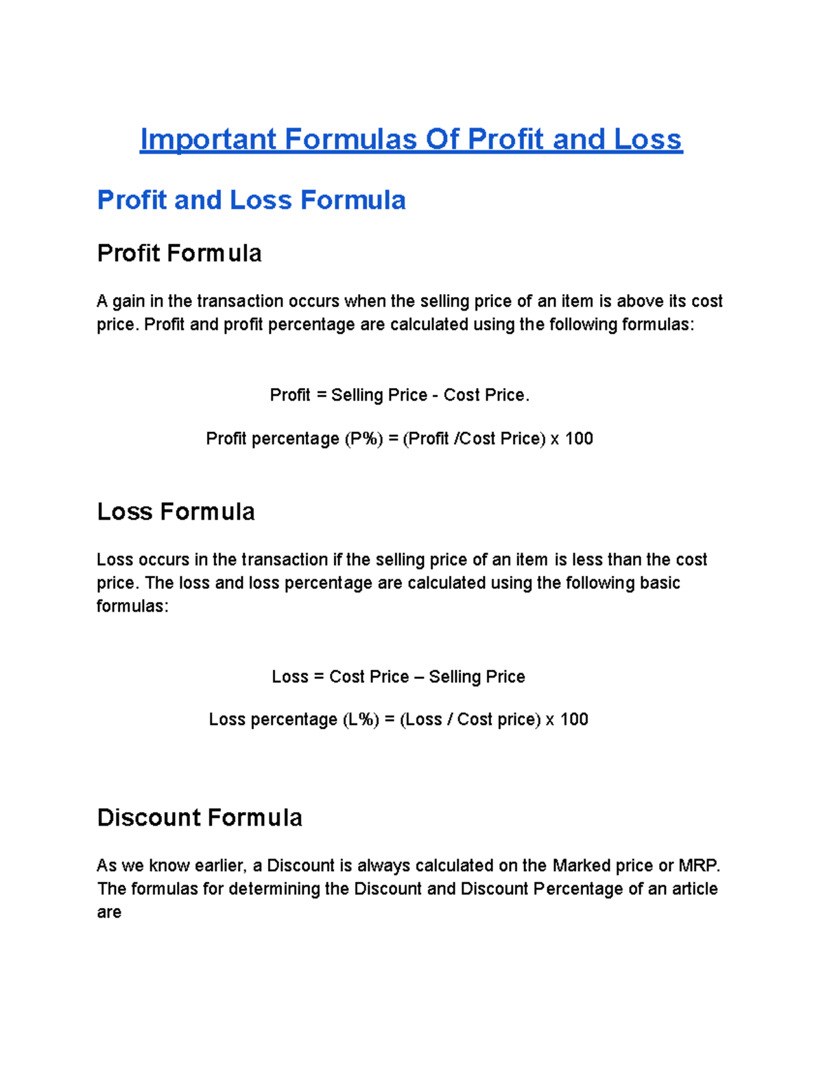 Profit And Loss Formula