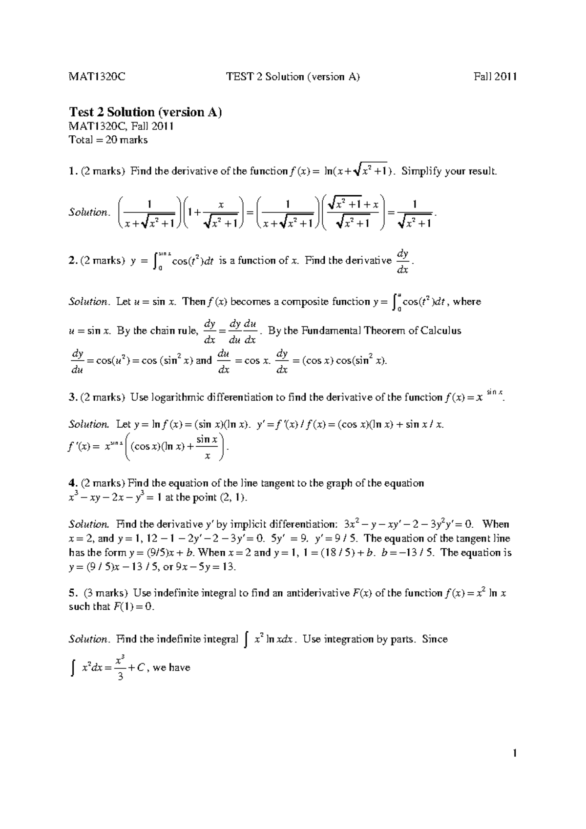 1320Test2a Solution F 110 - MAT1320C TEST 2 Solution (version A) Fall ...