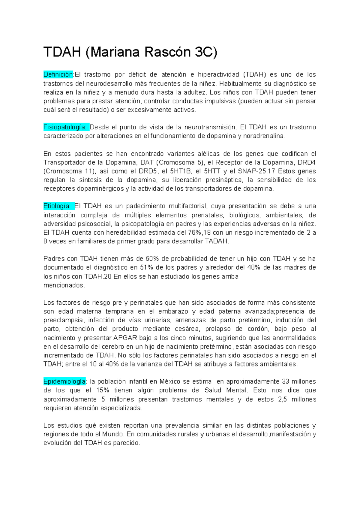 TDAH(3C) - TDAH - TDAH (Mariana Rascón 3C) Definición:El trastorno por ...