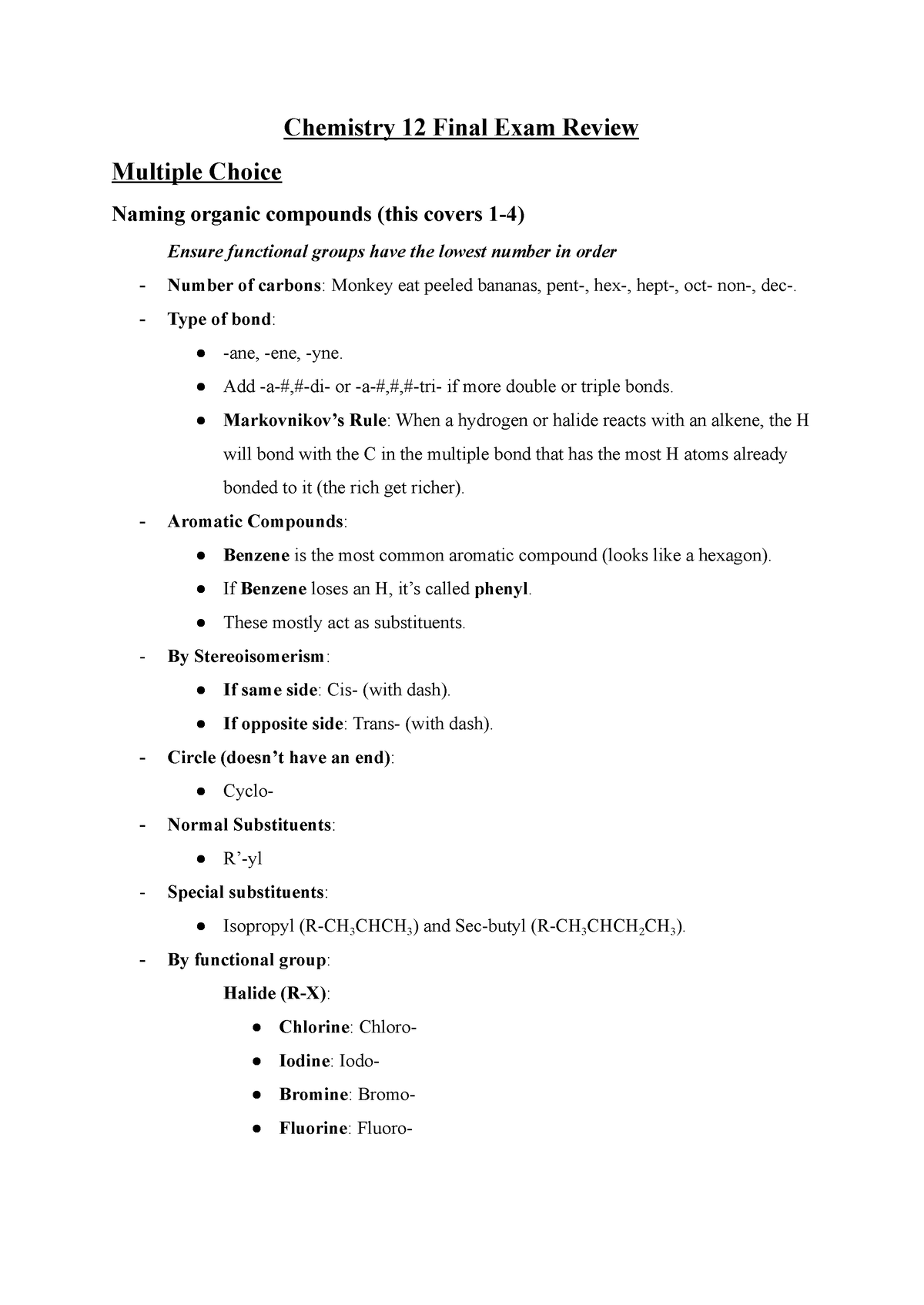 Chemistry Final Exam Review - Chemistry 12 Final Exam Review Multiple ...