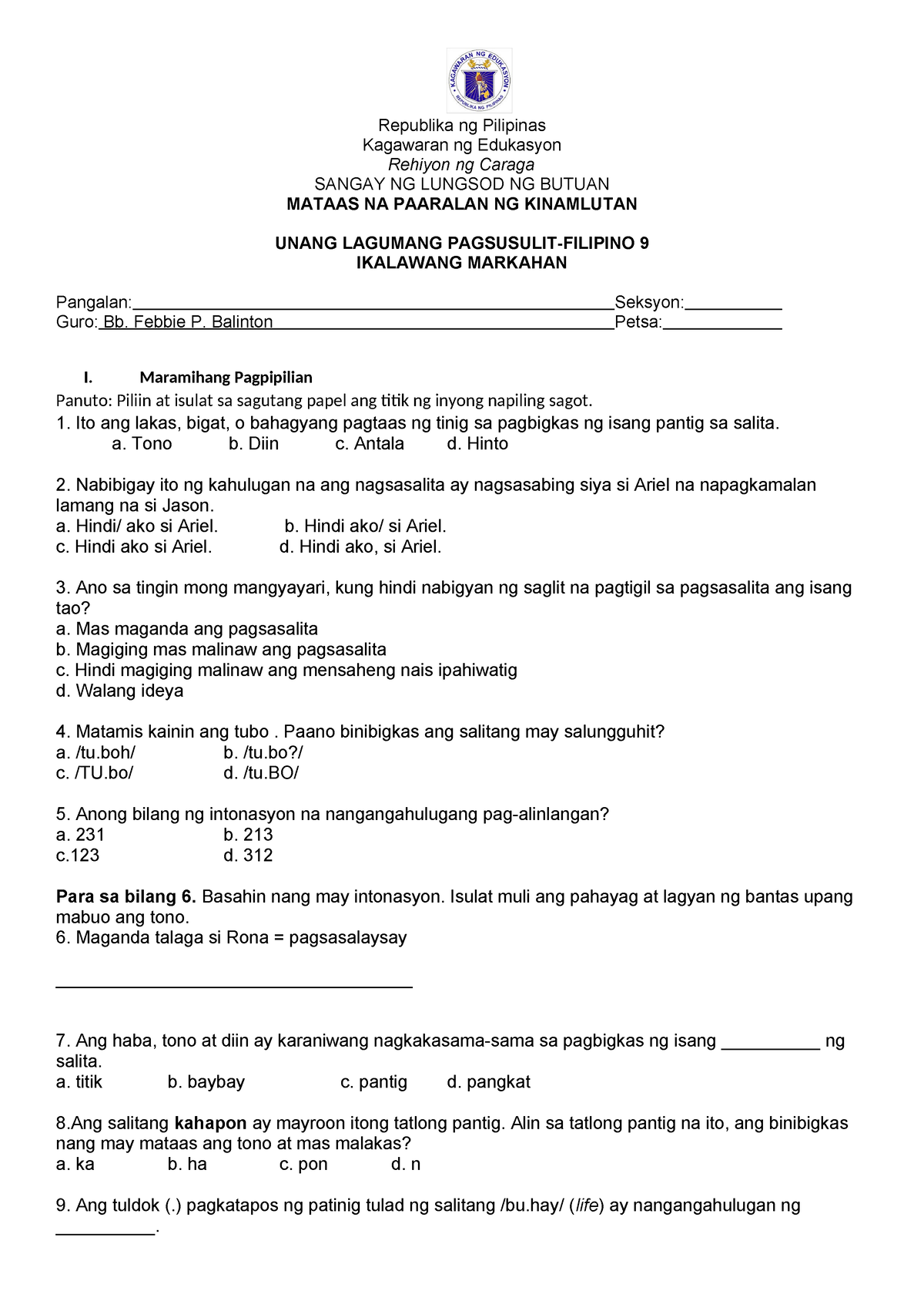 Pagsusulit Wika Lr Nd Grading Republika Ng Pilipinas Kagawaran Ng ...