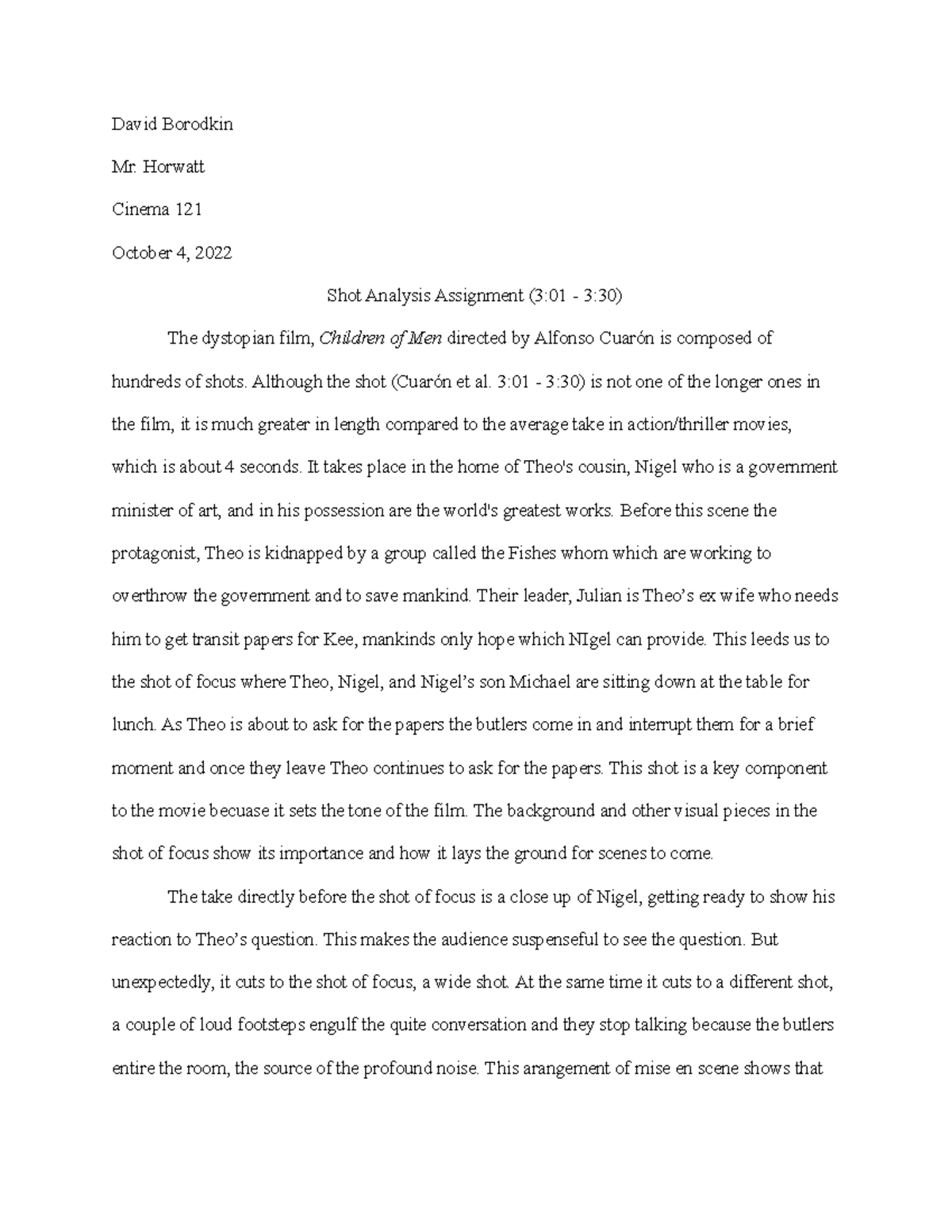 Shot Analysis Assignment - David Borodkin Mr. Horwatt Cinema 121 ...